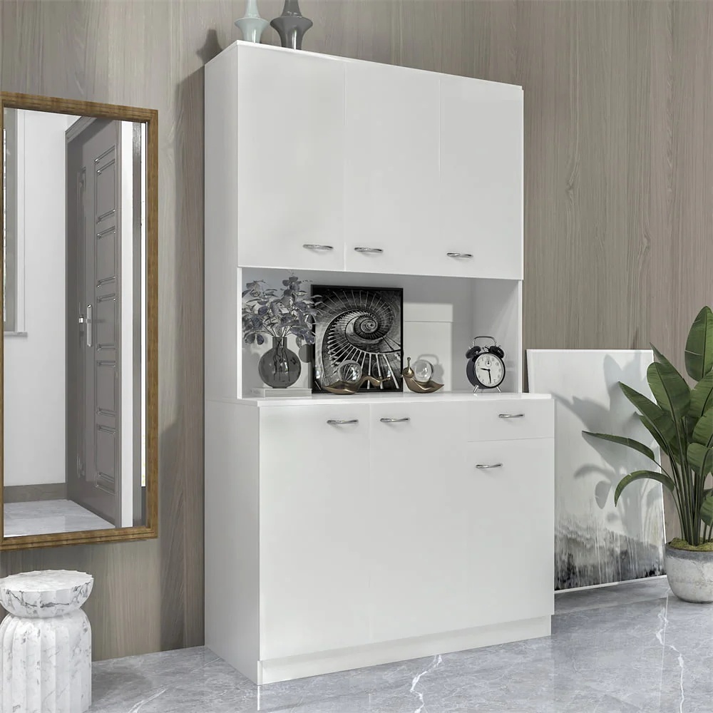 70.87" Tall Wardrobe & Kitchen Cabinet, Freestanding Storage Cabinet with 6 Doors, 1 Open Shelves and 1 Drawer, Kitchen Pantry Cabinet Buffet Sideboard Cabinet with 2 Cable Holes for Bedroom, White - Image 2