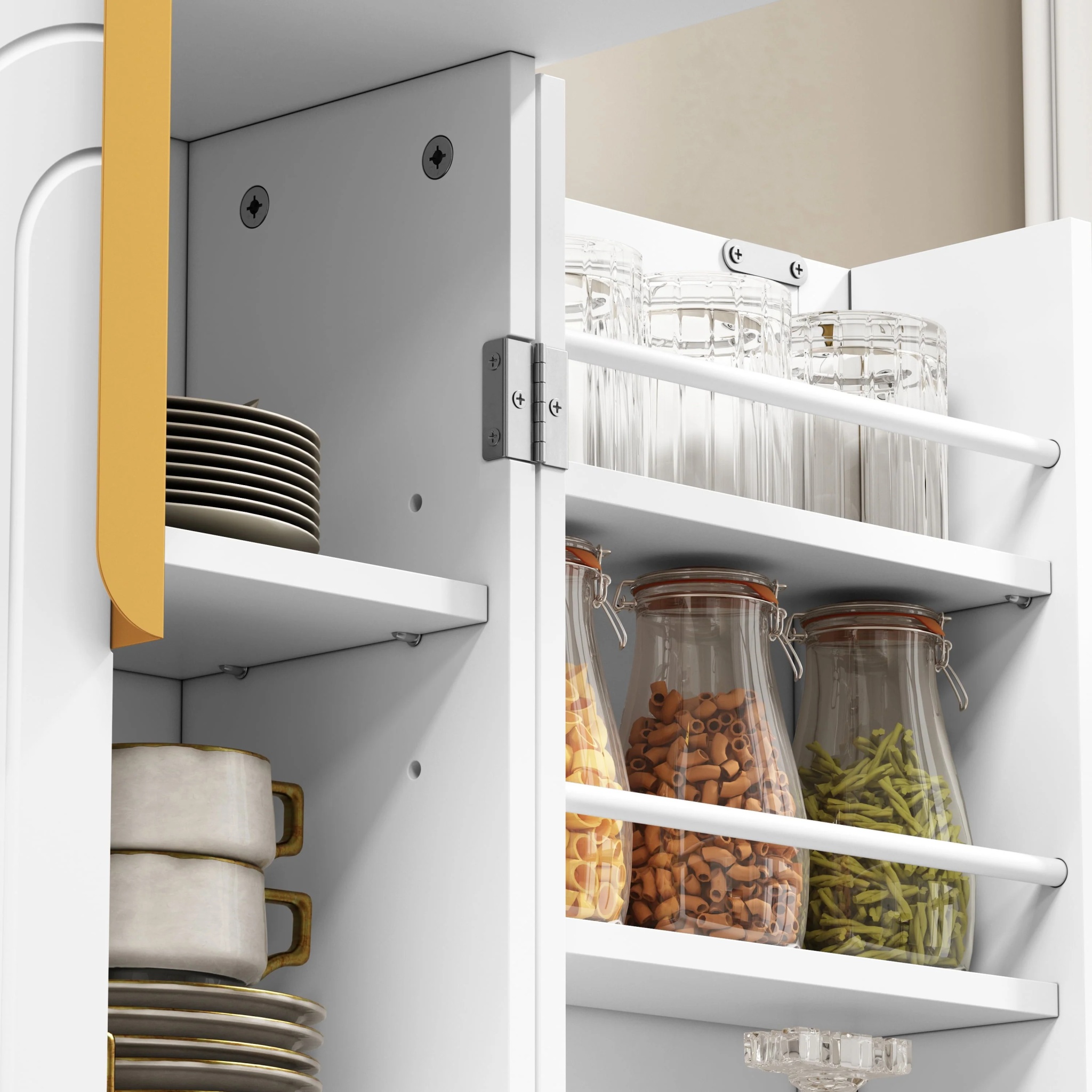 HLR 46 inches White Pantry Cabinets, Kitchen Pantry with Doors and Shelves for Kitchen, White Pantry Storage Cabinet with Black Metal Base for Living Room and Dining Room - Image 5