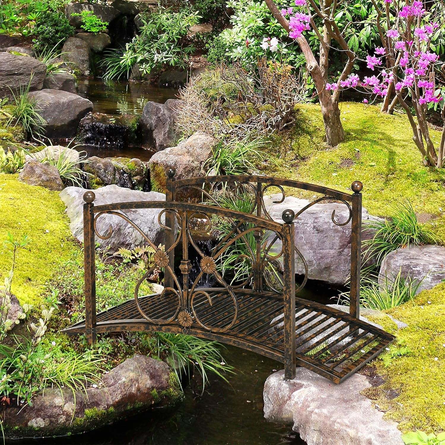 Metal Arch Zen Garden Bridge with Safety Siderails, Decorative Footbridge, Delicate Floral Scrollwork for Stream, Fish Pond, Brown - Image 2