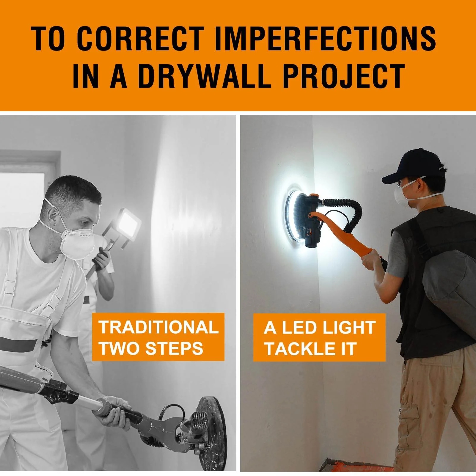 Drywall Sander with Vacuum Dust Collection, 6 Variable Speed Foldable Telescopic Electric Wall Sander, Popcorn Ceiling Removal Tool, 1900RPM Power Sander Tool, LED Light, 18Pcs Sanding Discs,Power D - Image 7