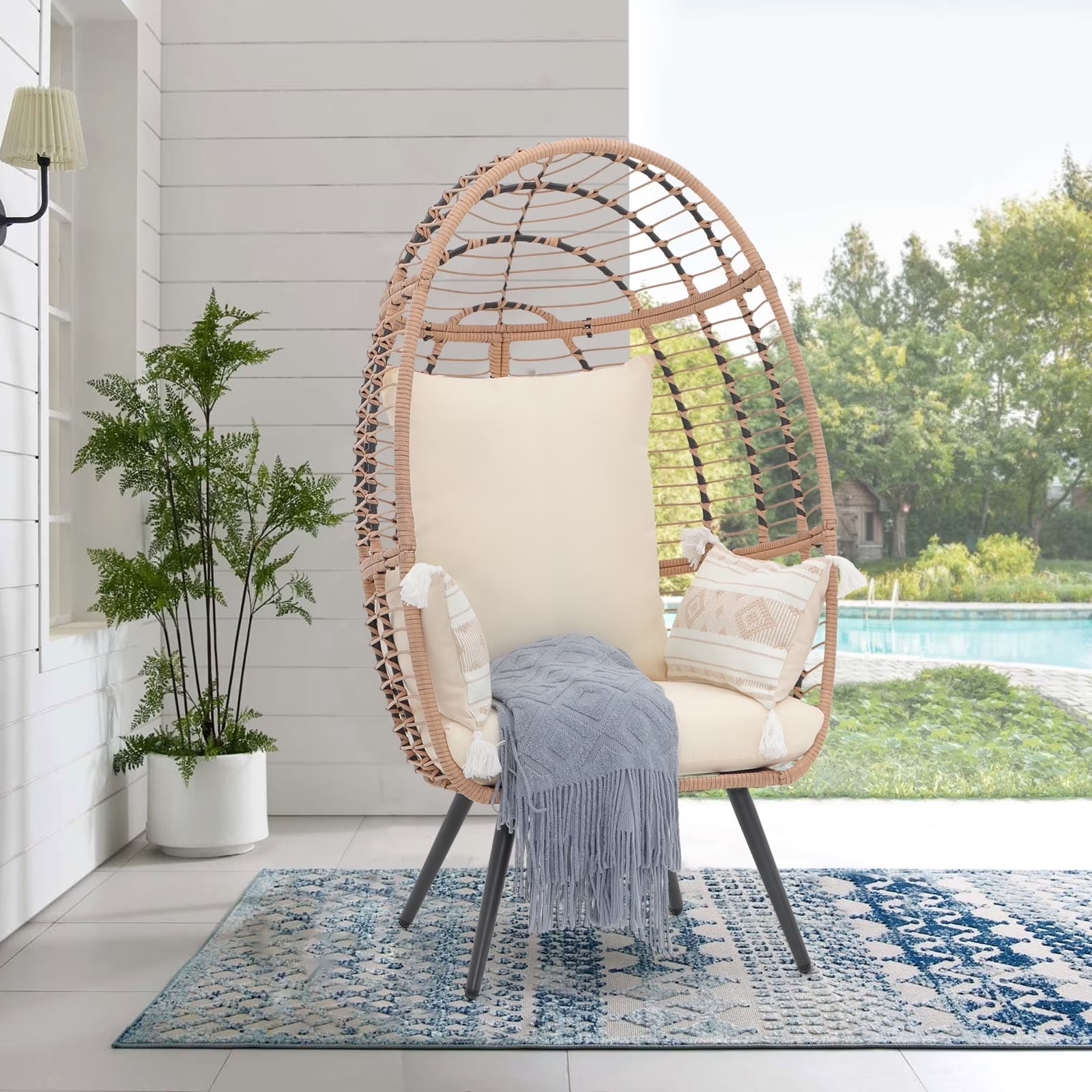 Indoor Outdoor Swing Egg Chair with Stand, Patio Foldable Grey Wicker Rattan Hanging Chair with Cushion, Light Gray - Image 9