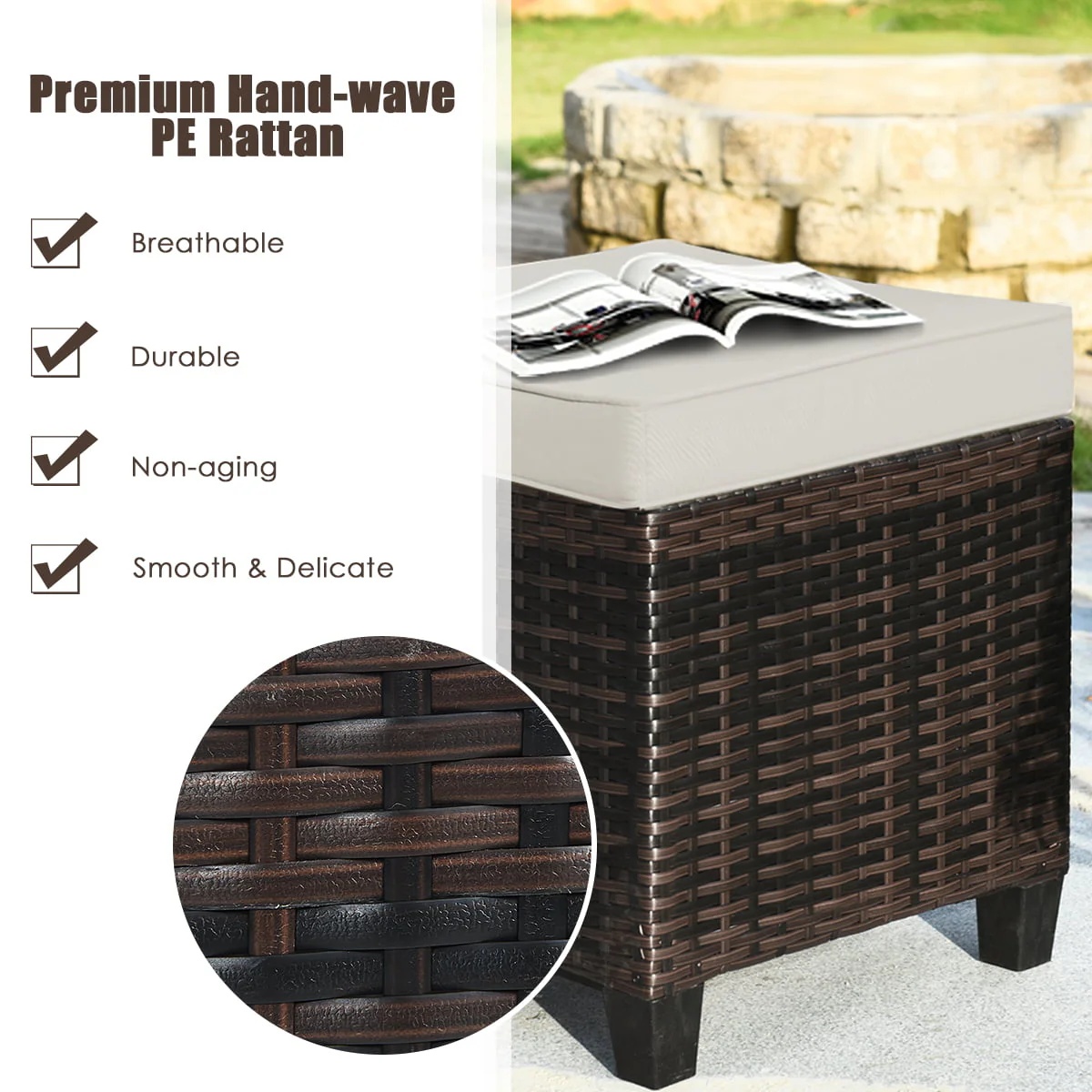 Gymax Set of 2 Patio Rattan Ottoman Footrest Garden Outdoor w/ Brown Cushion - Image 8