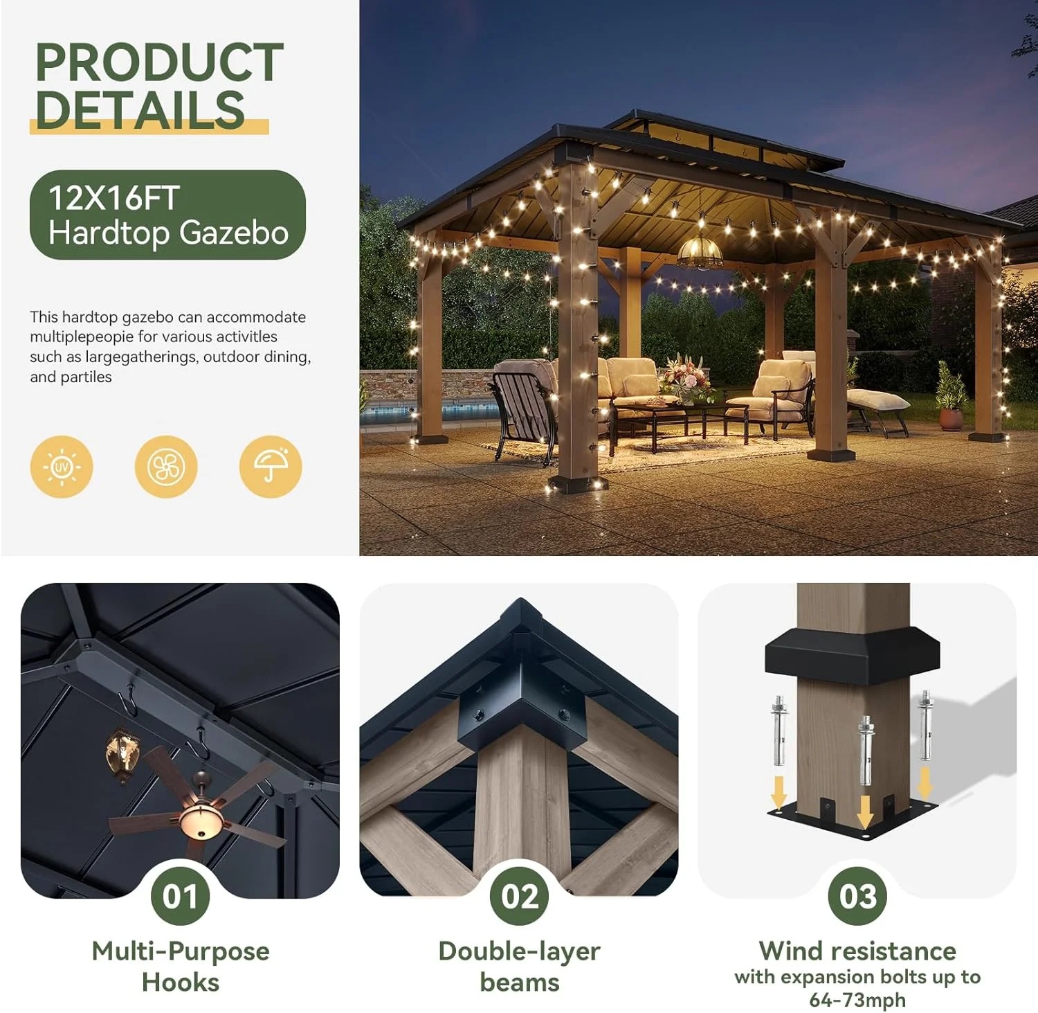 Aoxun 12' x 16' Outdoor Wood Gazebo, Hardtop Gazebo Permanent Wooden Pavilion with Galvanized Steel Double Roof, for Patio, Garden, Backyard, Cedar Wood - Image 11