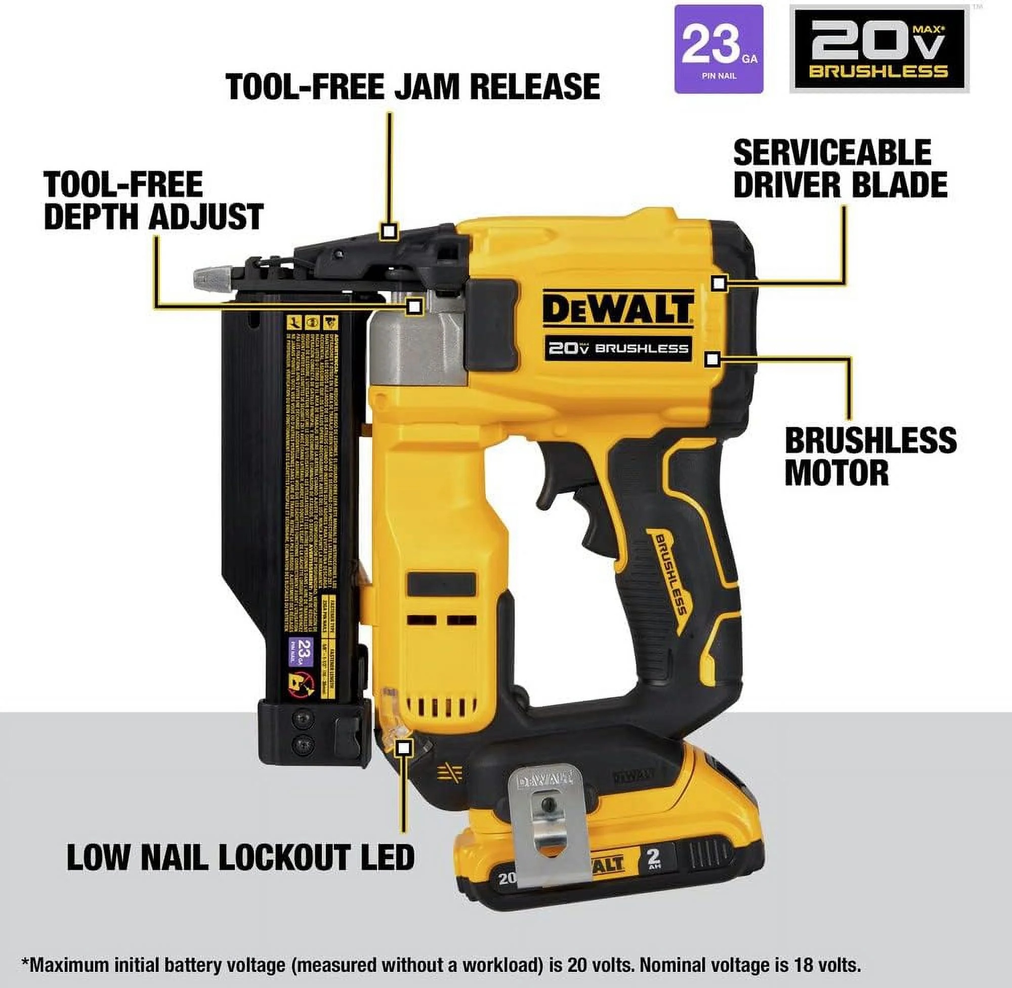 DeWalt DCN623D1 20-Volt MAX Atomic Compact Cordless Pin Nailer Kit, Brushless Motor, 23 Gauge, Battery - Quantity 1 - Image 4