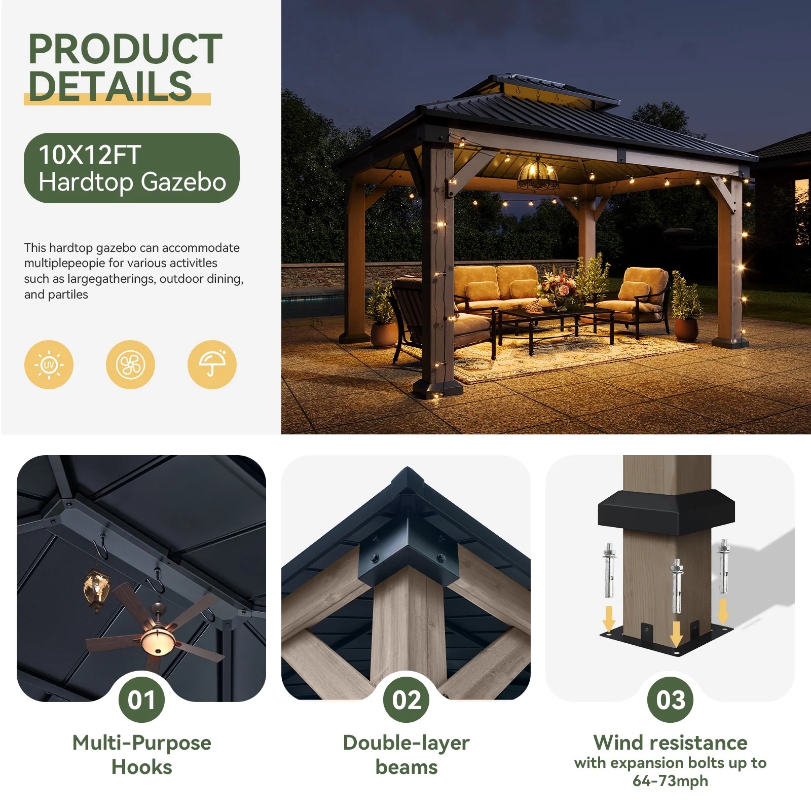 Aoxun 12' x 16' Outdoor Wood Gazebo, Hardtop Gazebo Permanent Wooden Pavilion with Galvanized Steel Double Roof, for Patio, Garden, Backyard, Cedar Wood - Image 32