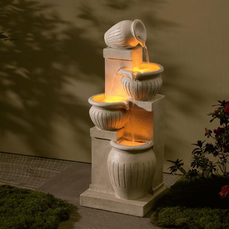 Teamson Home Outdoor Water Fountain with Lights-C 4-Tier Cascading Bowl Design with LED Light & Solar Pump, Solar-Powered Water Fountain Outdoor Garden, Yard, or Patio D-cor, Navy Blue - Image 3