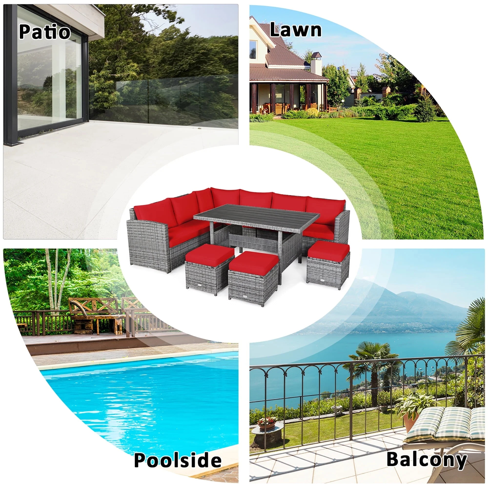 Costway 7 PCS Patio Rattan Dining Set Sectional Sofa Couch Ottoman Garden Red - Image 9