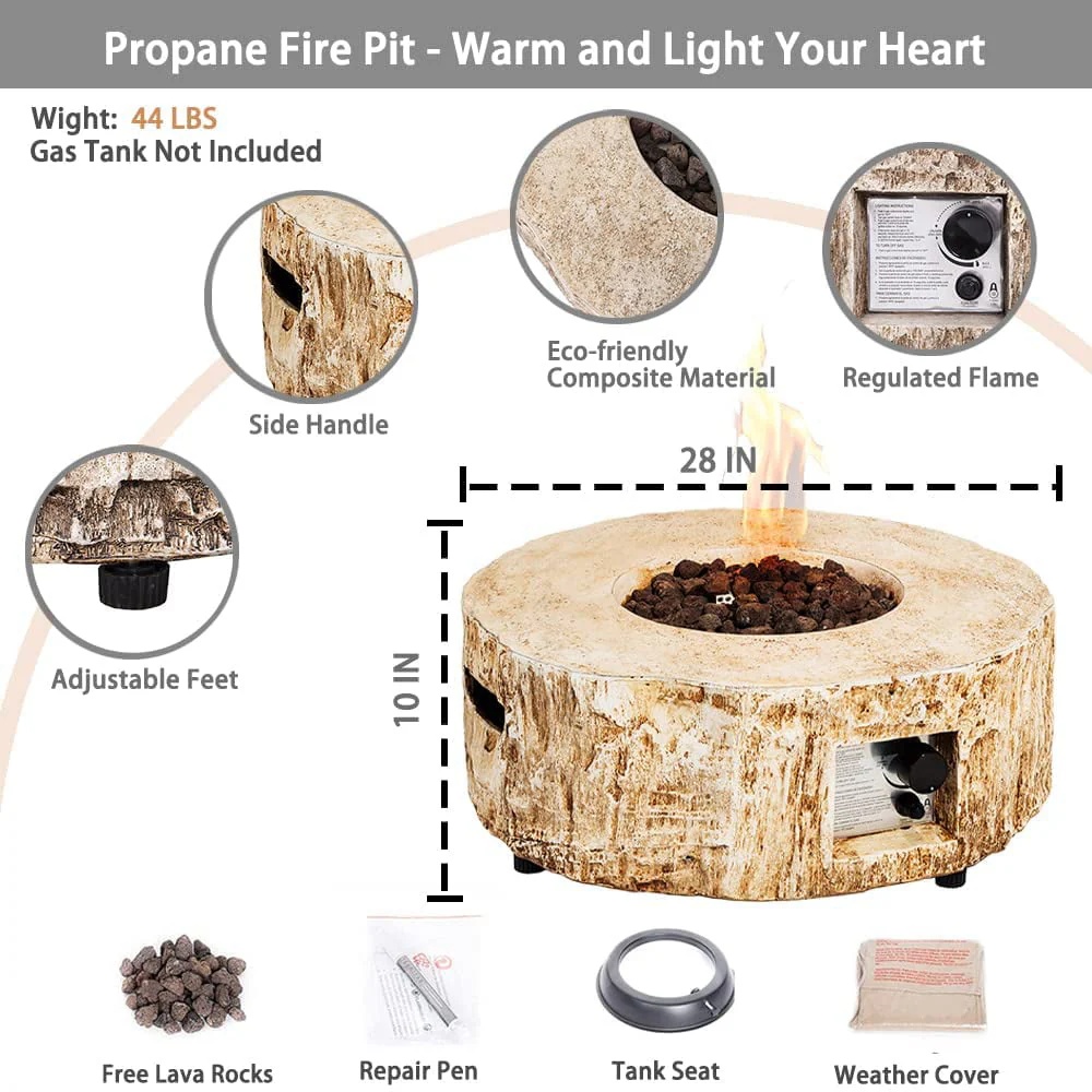UIXE Gas Fire Pit Bowl Table, Faux Stump Outdoor Propane Firepit Round Table with Lava Rock, Waterproof Cover, Smokeless Fire Pit for Outside Patio Garden Backyard, 28 inch 30,000 BTU, CSA Approved - Image 4