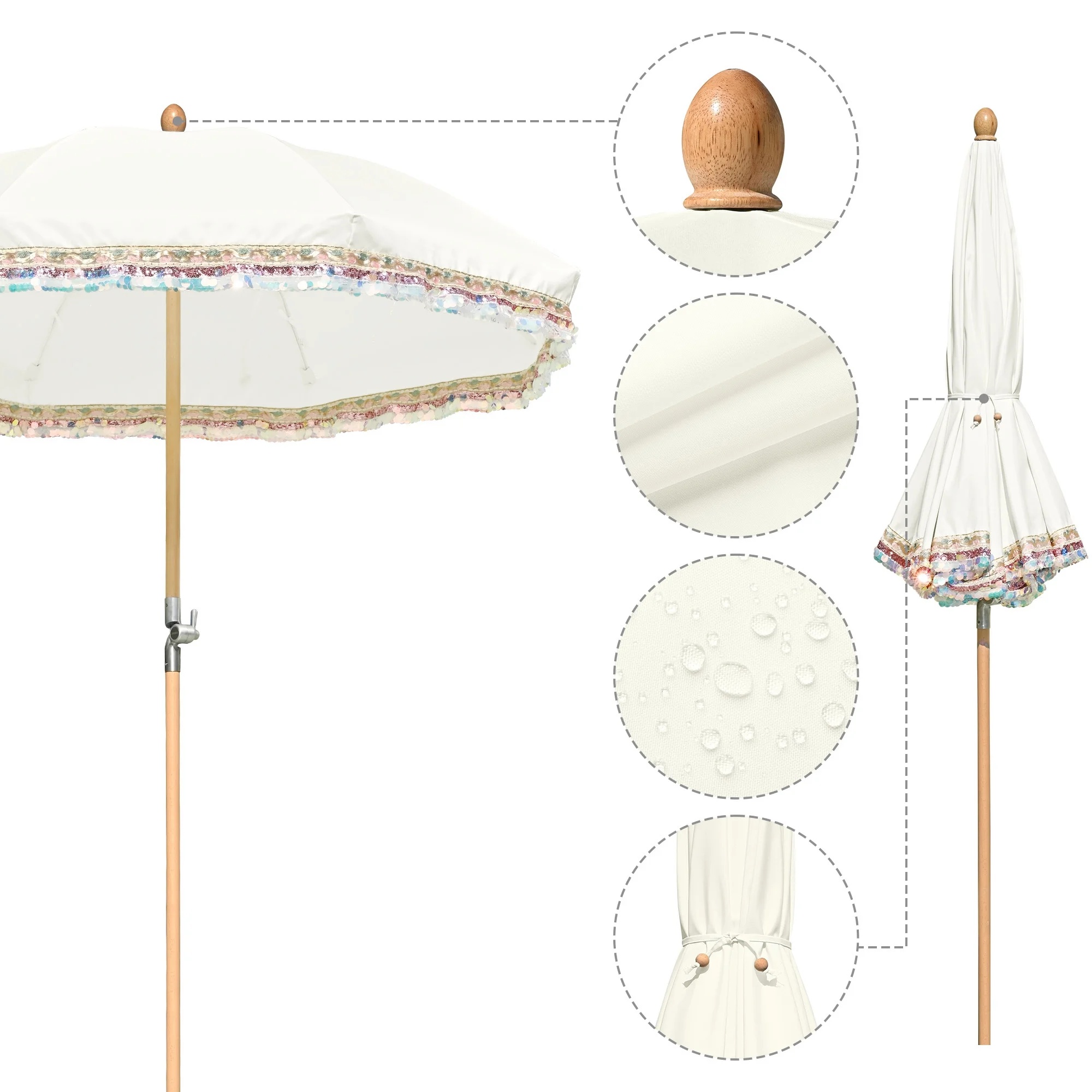 LAGarden 6 Ft Fringe Patio Umbrella with Tassel Jazz Age Wood UPF50+ for Outdoor, Beige with gold tassel,Model: JZ6-01 - Image 24