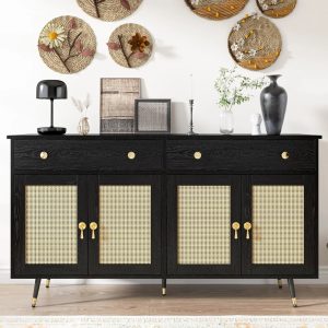 Catrimown Sideboard Buffet Cabinet, 2 Drawer and 4 Rattan Door Sideboard Storage Cabinet, Black