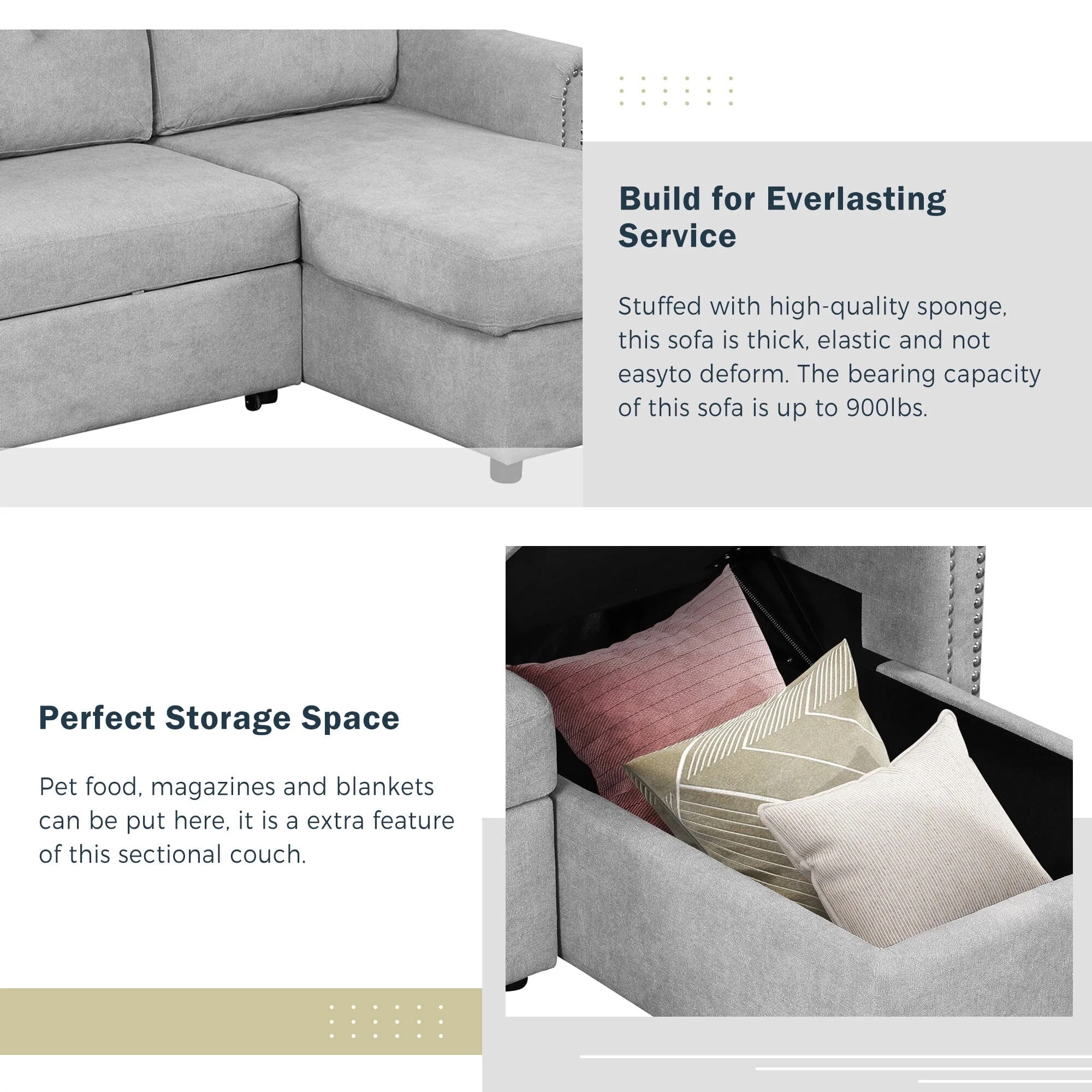 Euroco 83" L Shaped Sofa Bed Modern Convertible Sleeper Sofa Bed with Storage Chaise, Gray - Image 10