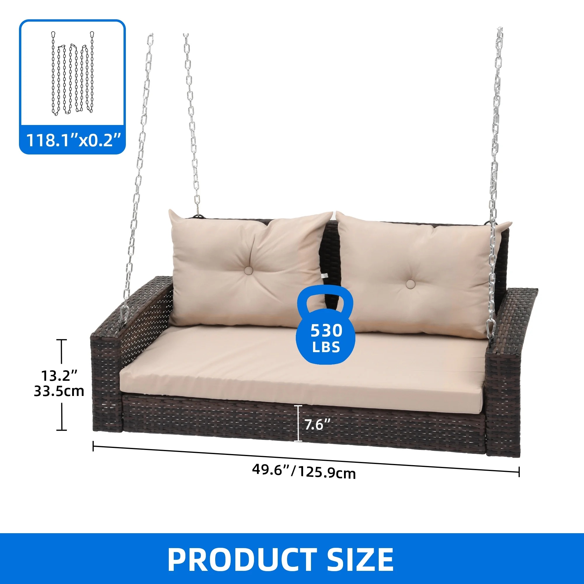 Dextrus 2-Seats Wicker Hanging Porch Swing Chair Outdoor Black Rattan Patio Swing Lounge w/ 2 Back Cushions Capacity 770lbs for Garden, Balcony, Living Room, Beige - Image 5