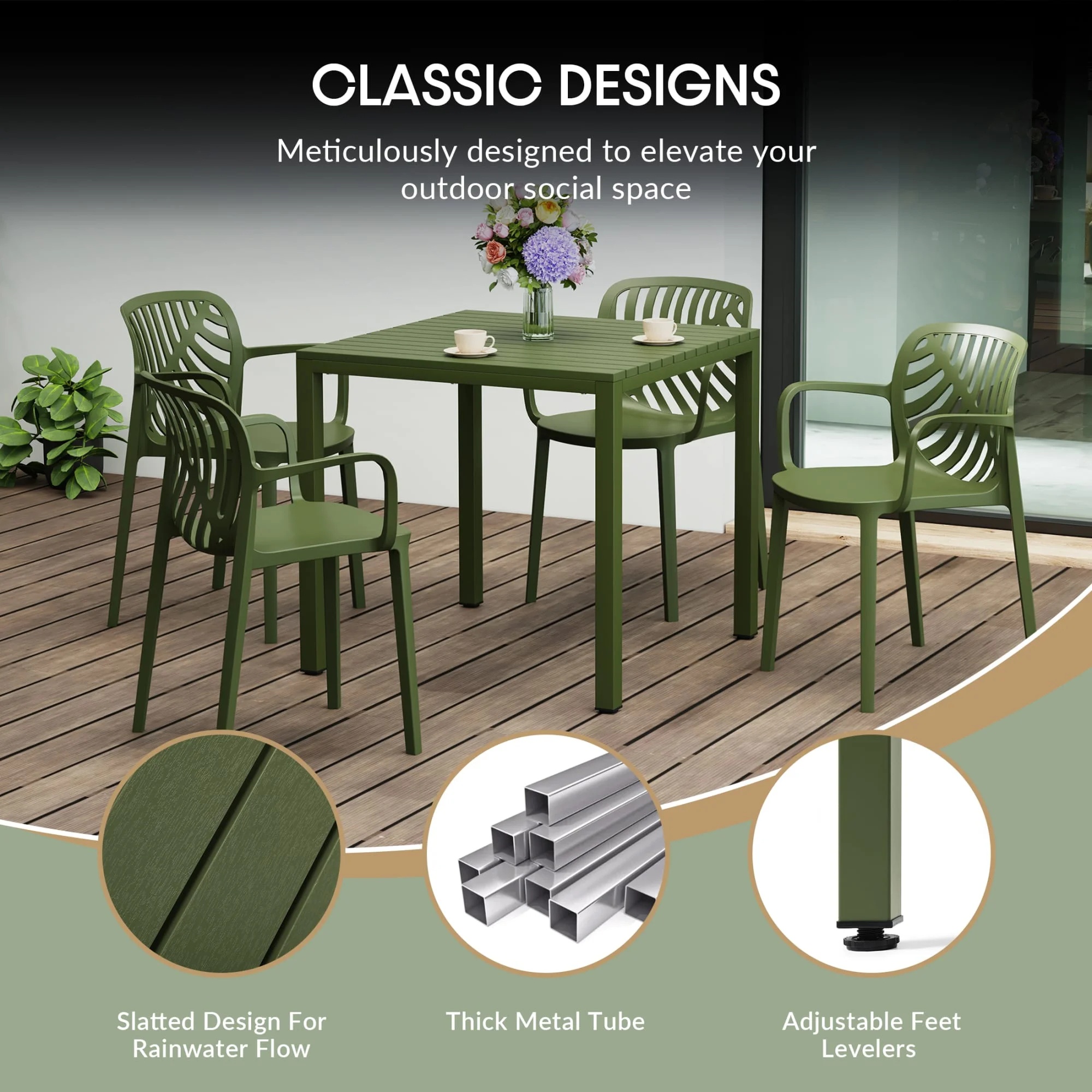 WestinTrends Playa 5-Piece Outdoor Metal Frame Dining Table Patio Set with Stackable Patio Dining Chairs, Olive Green - Image 18