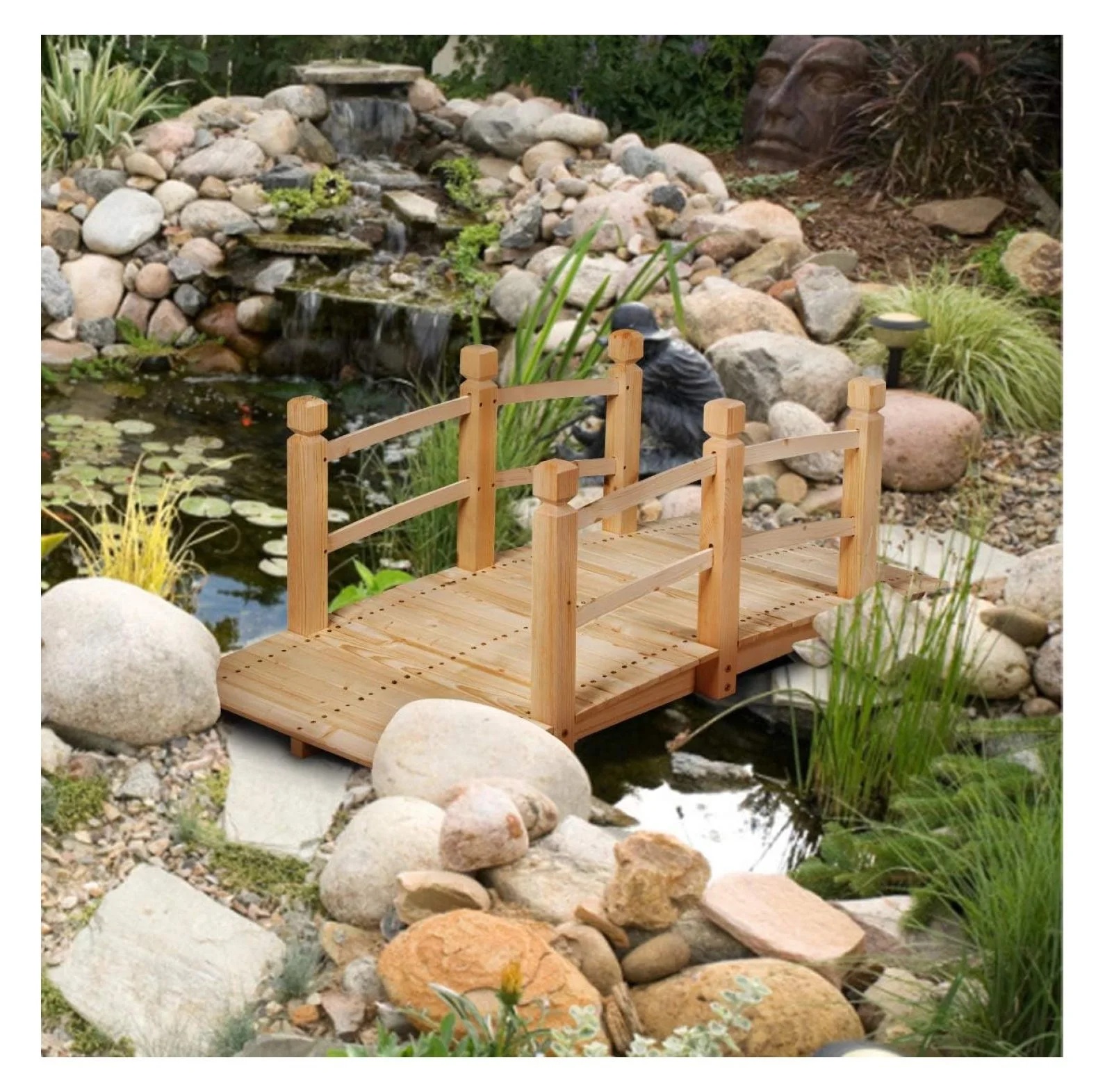 Garden Bridge, 5FT Wooden Arc Footbridge for Outdoors with Safety Guardrails, Decorative Landscaping for Garden Yard Walkway Creek Farm, 400 LBS Capacity (Natural Finished) - Image 2
