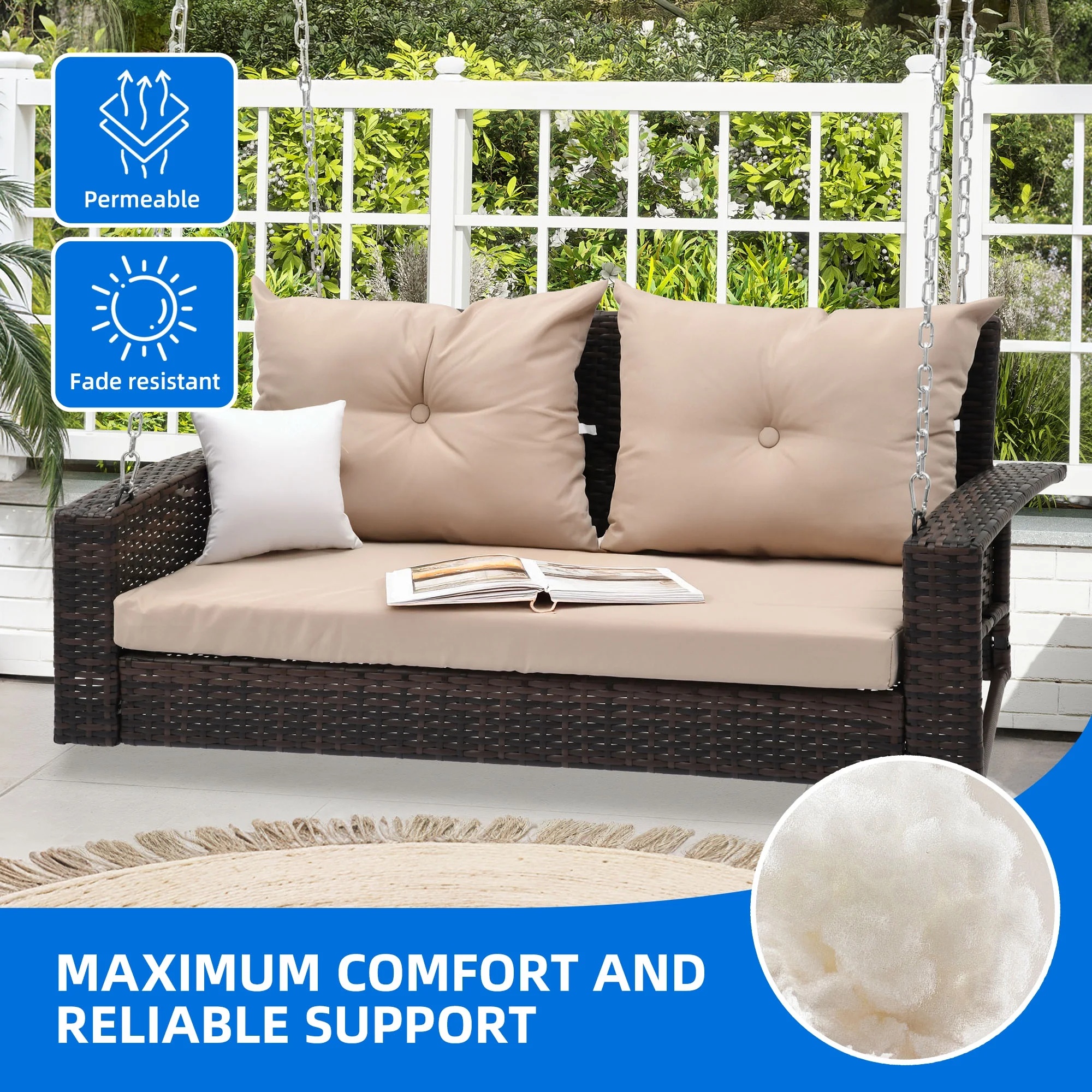 Dextrus 2-Seats Wicker Hanging Porch Swing Chair Outdoor Black Rattan Patio Swing Lounge w/ 2 Back Cushions Capacity 770lbs for Garden, Balcony, Living Room, Beige - Image 4