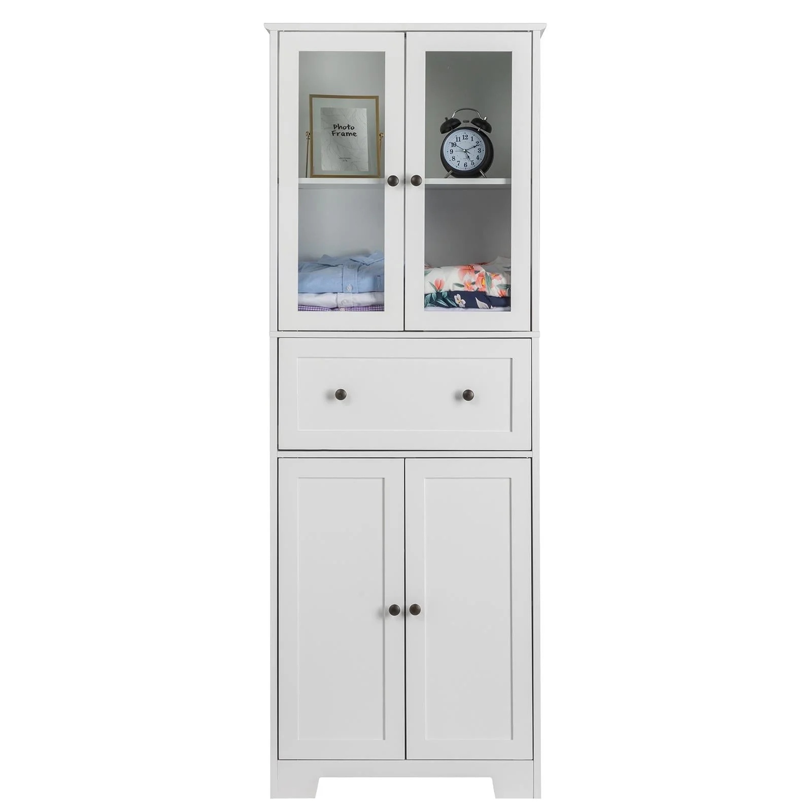 Ktaxon 64" Tall Bathroom Storage Cabinet Organizer, Freestanding Kitchen Pantry Cabinet Line Tower with 2 Glass Doors, Large Drawer & 4 Adjustable Shelves for Dining Room Living Room Home Office,White - Image 15