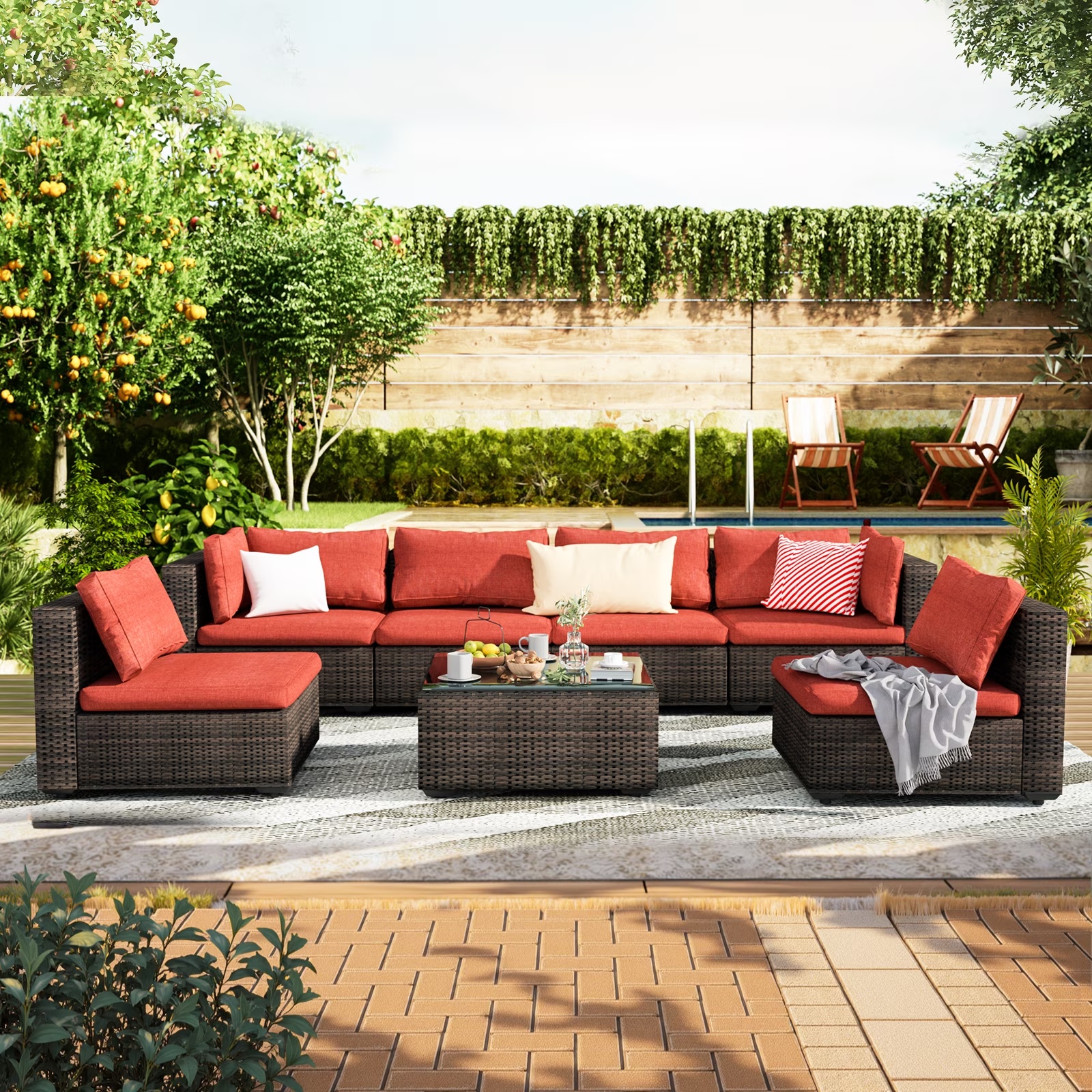 Grezone 7 Patio Outdoor Furniture Wicker Sectional Sofa Couch Lawn Sectional, Black - Image 5