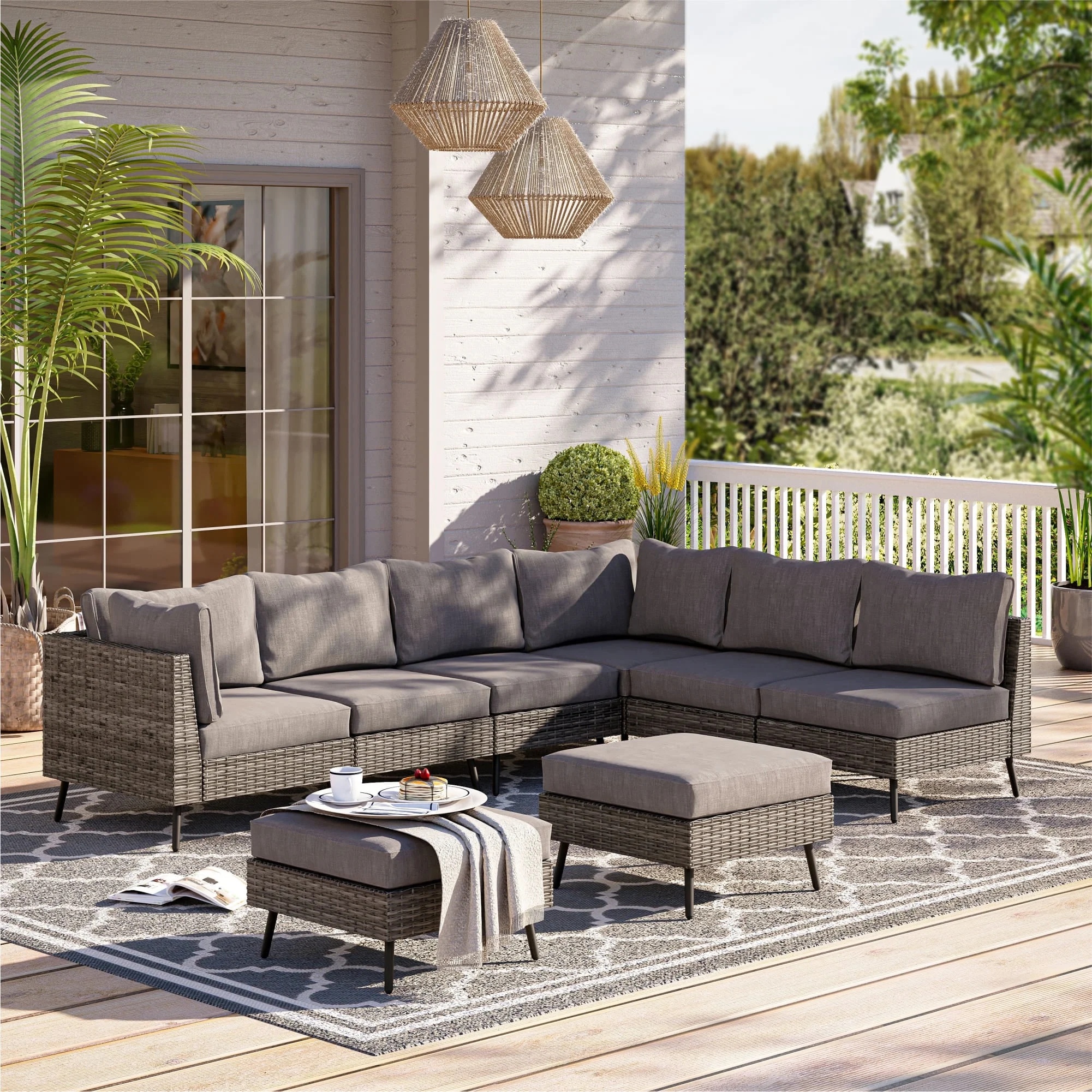 LAUSAINT HOME 6 Pieces Outdoor Furniture Set, Patio Rattan Wicker Sectionals with 4 Chairs and 2 Ottomans, Beige Cushions - Image 18