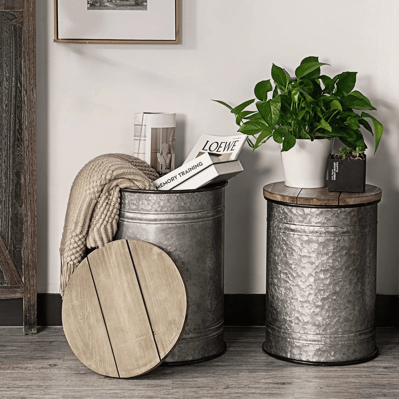 Oneinmil Set of 2 Modern Farmhouse Coffee End Table, with Large Storage Space, End Bench for Living Room, Bedroom, Gray - Image 2