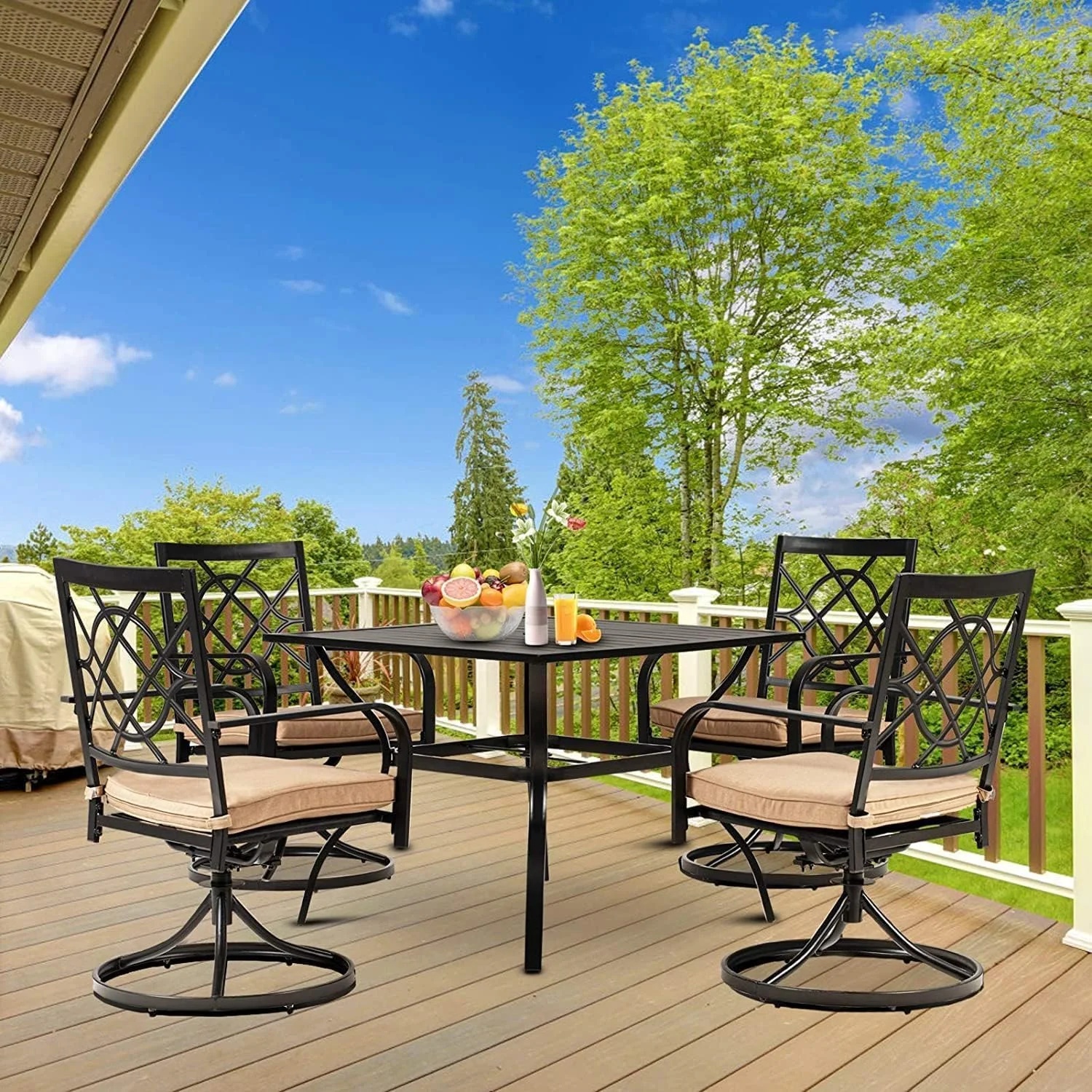 SUNCROWN 7-Piece Outdoor Wrought Iron Chairs and Table Patio Dining Furniture Set - 6 Stackable Metal Chairs, 1 Steel Slat Bistro Table and 1 Brown 9Ft Patio Umbrella for Garden Backyard Deck - Image 36
