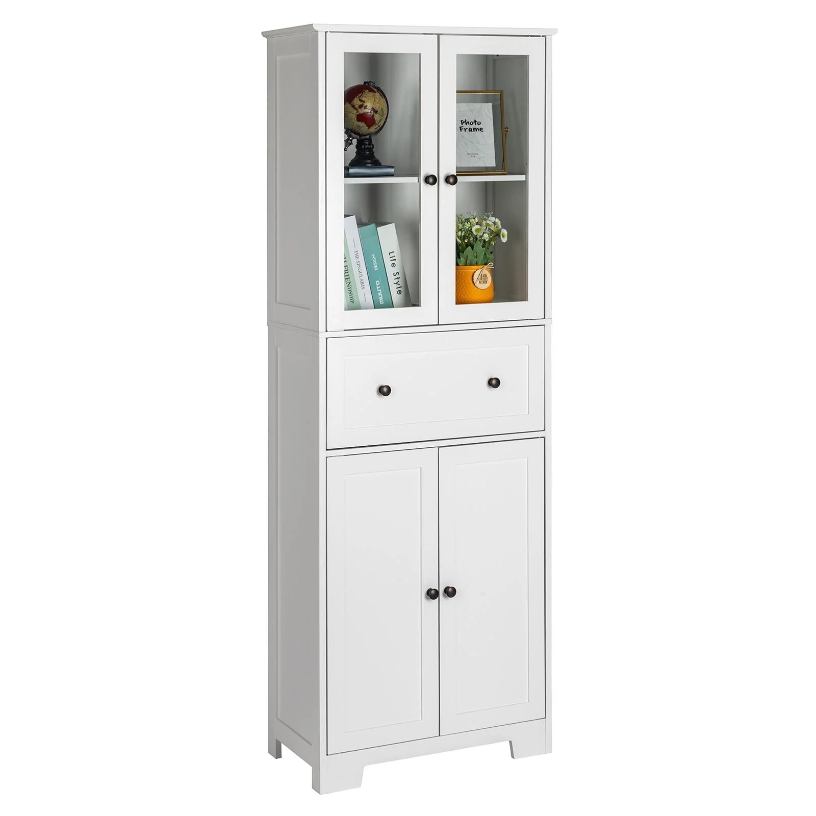 Ktaxon 64" Tall Bathroom Storage Cabinet Organizer, Freestanding Kitchen Pantry Cabinet Line Tower with 2 Glass Doors, Large Drawer & 4 Adjustable Shelves for Dining Room Living Room Home Office,White - Image 18