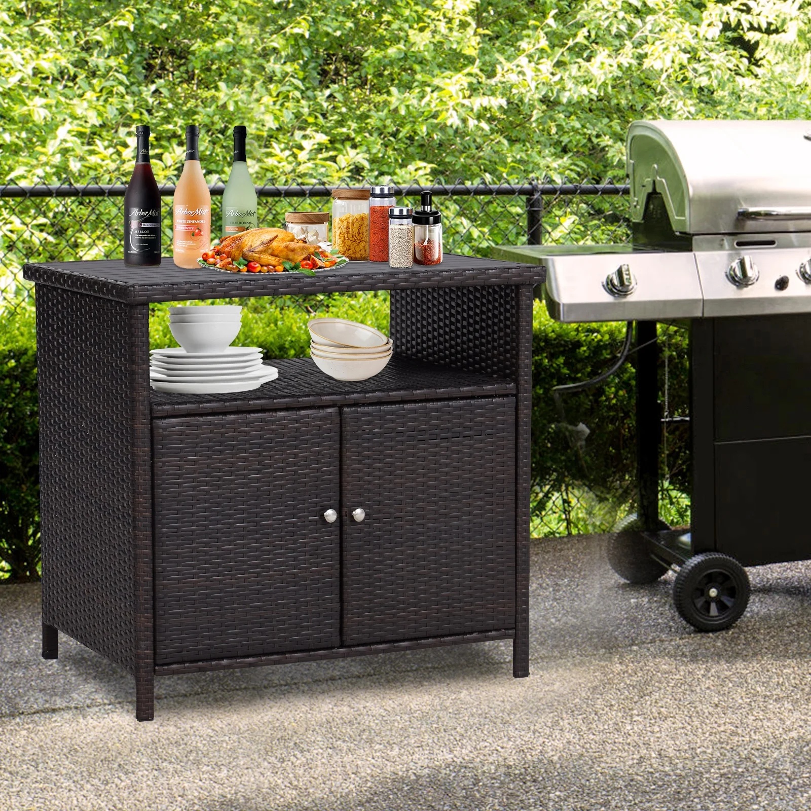 Kinbor Outdoor Wicker Storage Cabinet, Patio Bar Tables with Two Doors & Shelves, Weatherproof Storage Console Table, Dark Brown - Image 9