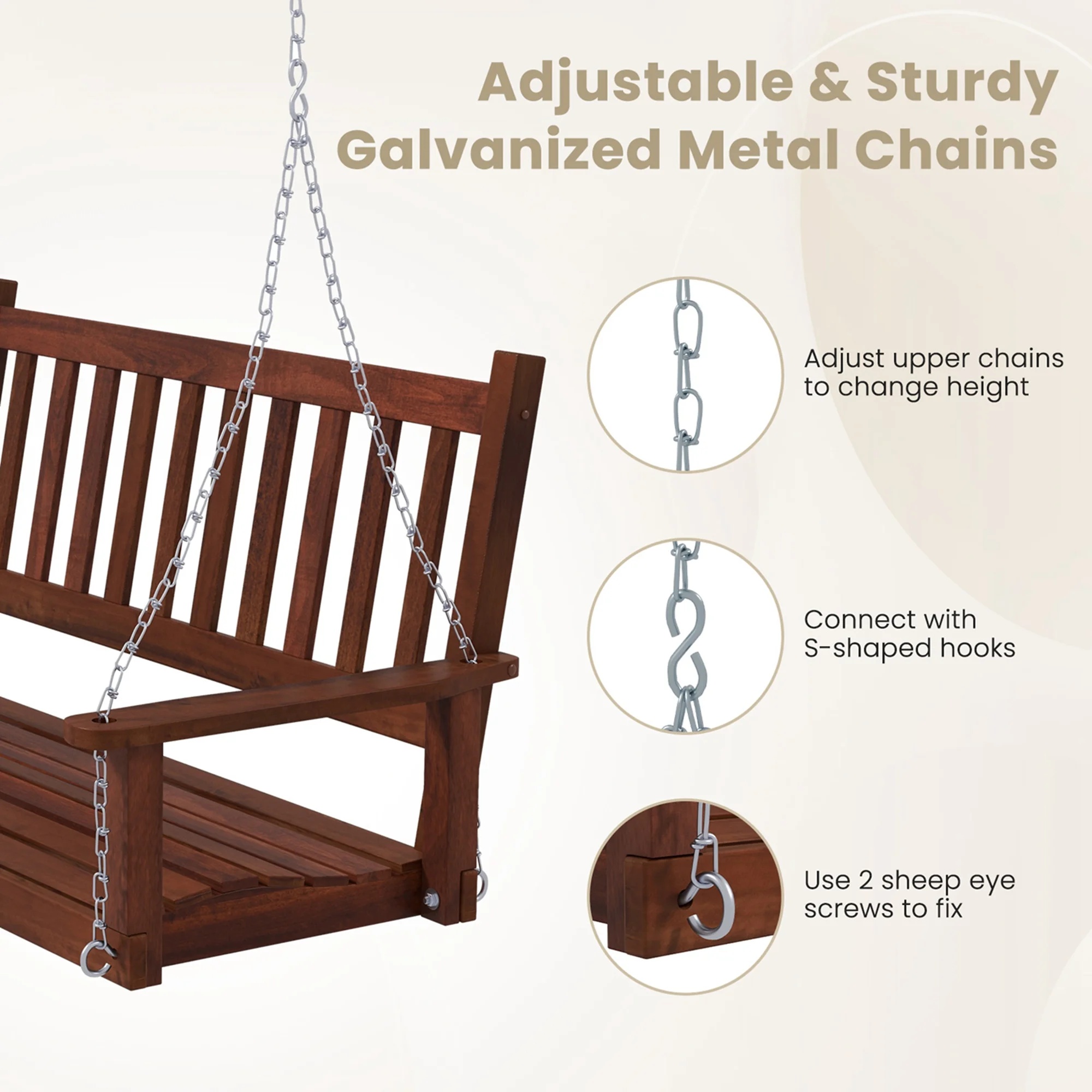 Costway 3-Person Wooden Outdoor Porch Swing Heavy Duty Patio Hanging Bench Chair White - Image 18