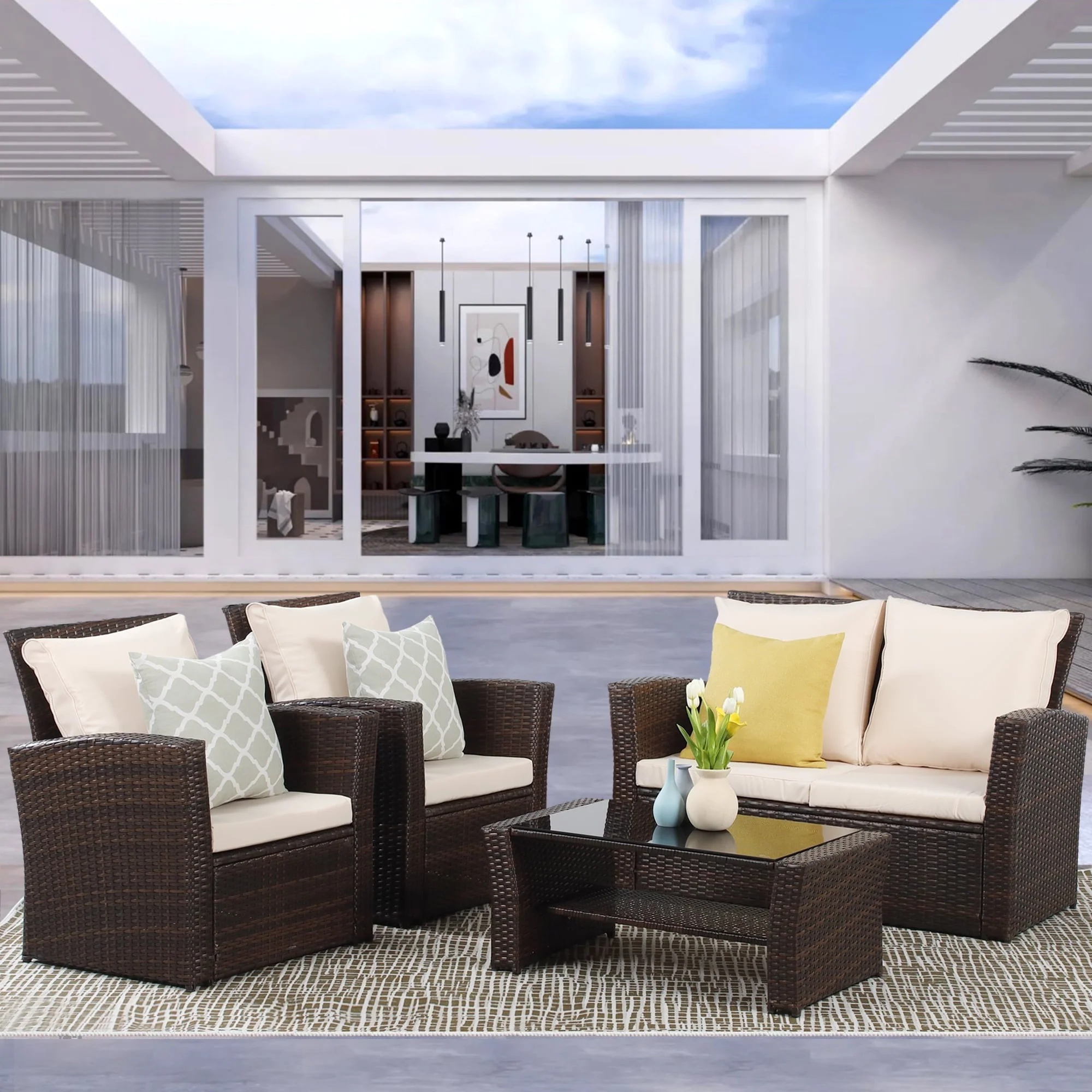 Superjoe 4 Pcs Outdoor Patio Furniture Sets, Wicker Rattan Conversation Set with Coffee table, Brown