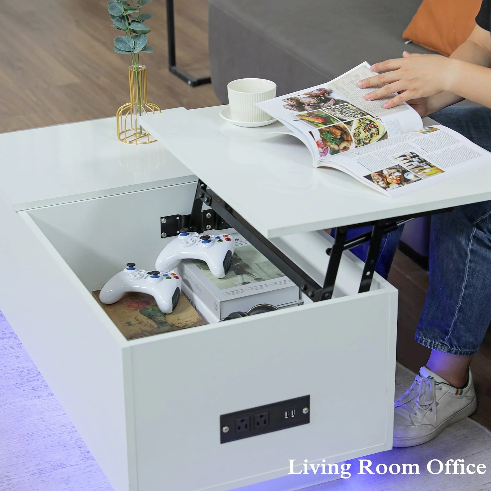 LED Coffee Table Lift Top End Table with with Charging Station and Storage Space Modern Rectangle Cocktail Tables Sofa Side Dining Table - Image 5