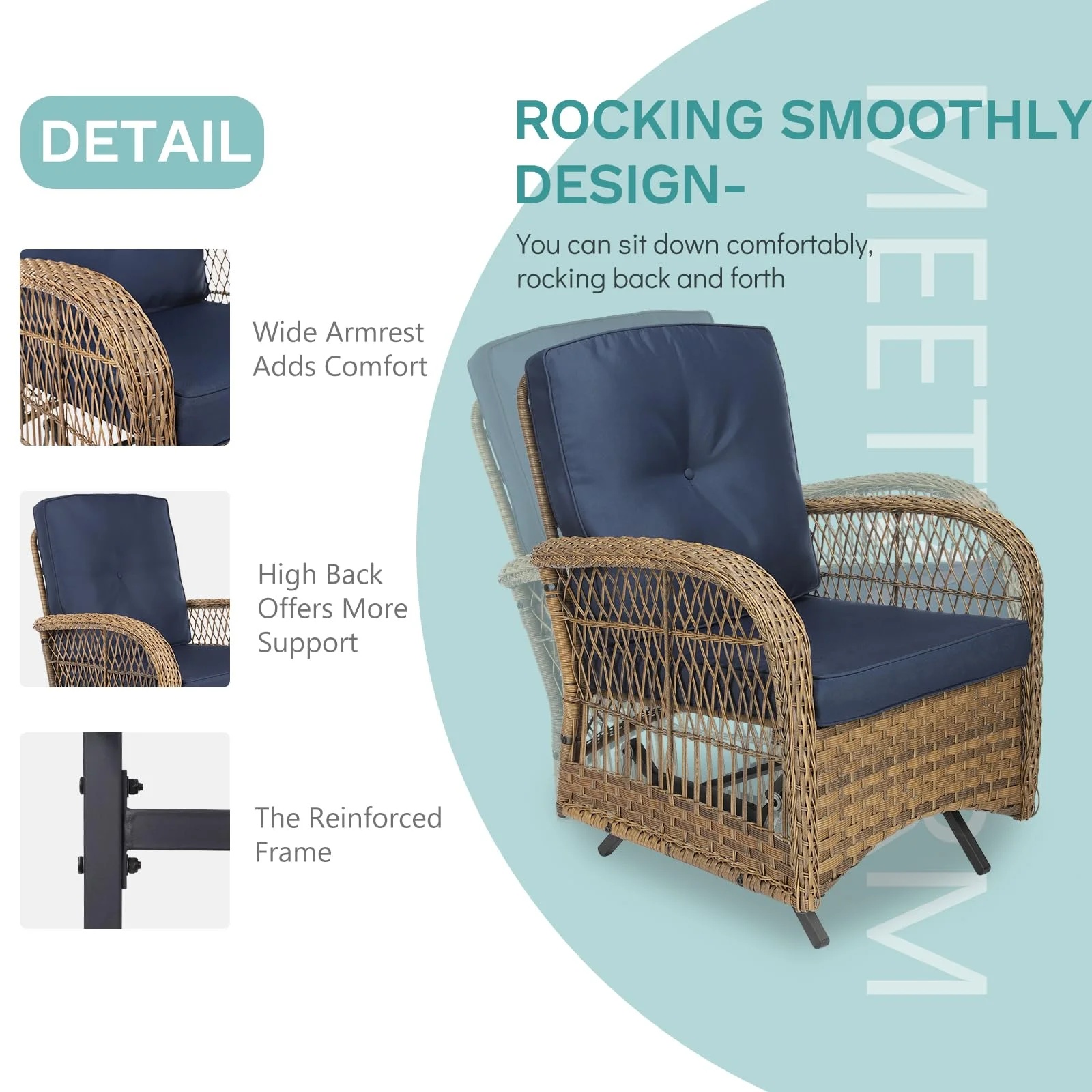 MEETWARM Patio Wicker Rocking Glider Set, All-Weather Outdoor Rattan Patio Rocking Chairs of 2, Patio Conversation Set with Thickened Cushions for Porch Garden & Backyard, Navy Blue - Image 4