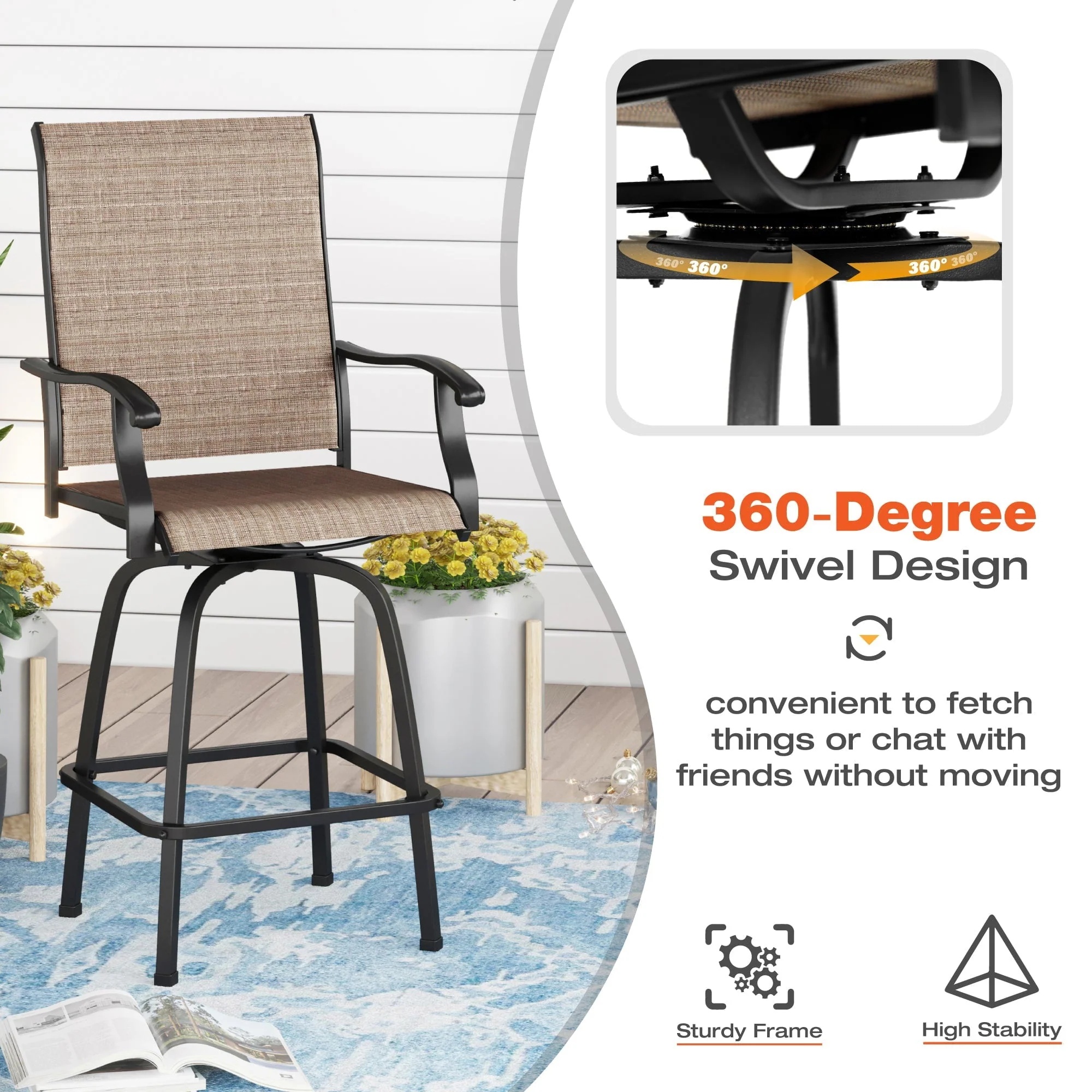 Sophia & William 2 Pcs Outdoor Swivel Metal Bar Stools Patio Height Textilene Chairs in Brown - Image 7