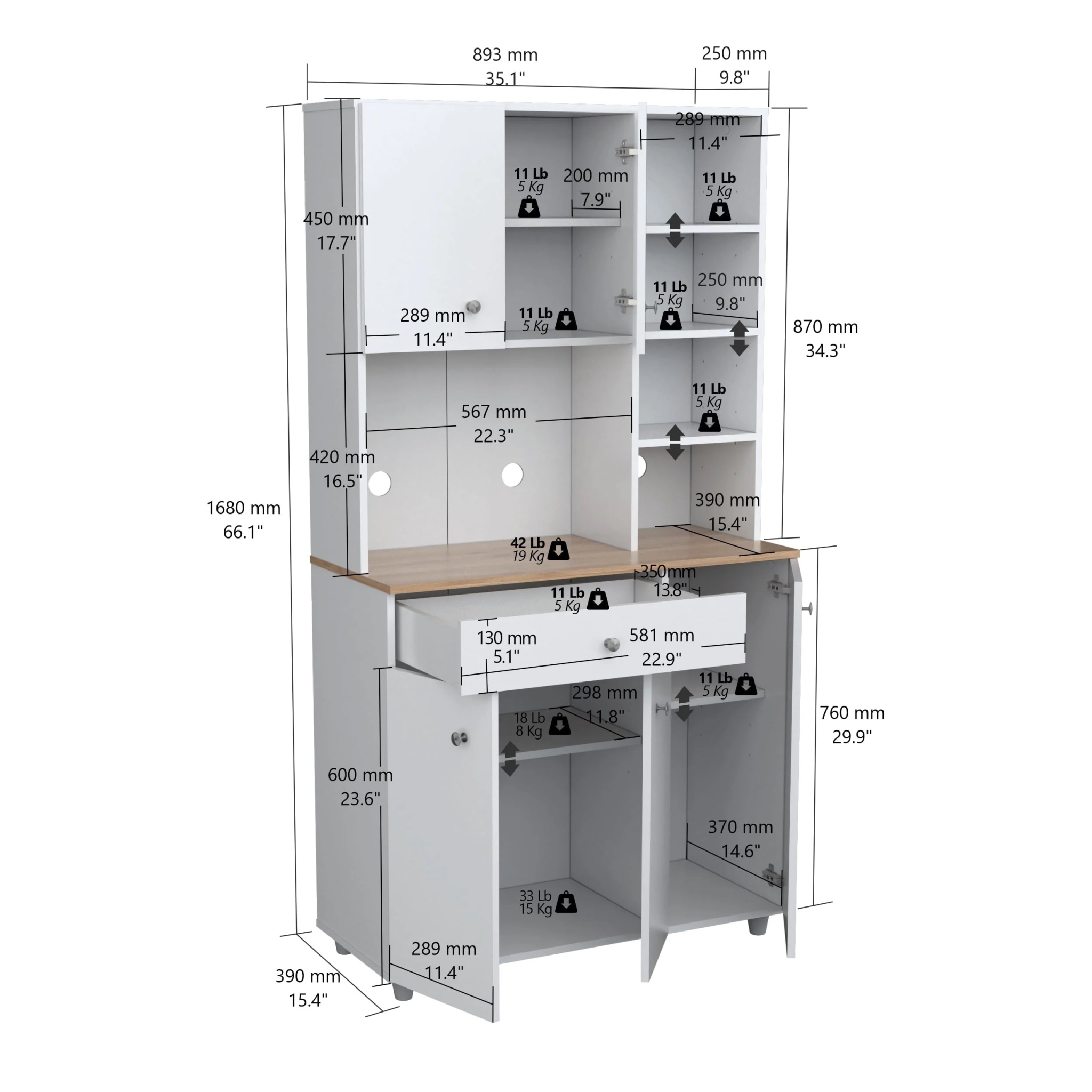 Inval 10-Shelf Kitchen Microwave Storage Cabinet (35 x 66 x 16), White/Maple - Image 11
