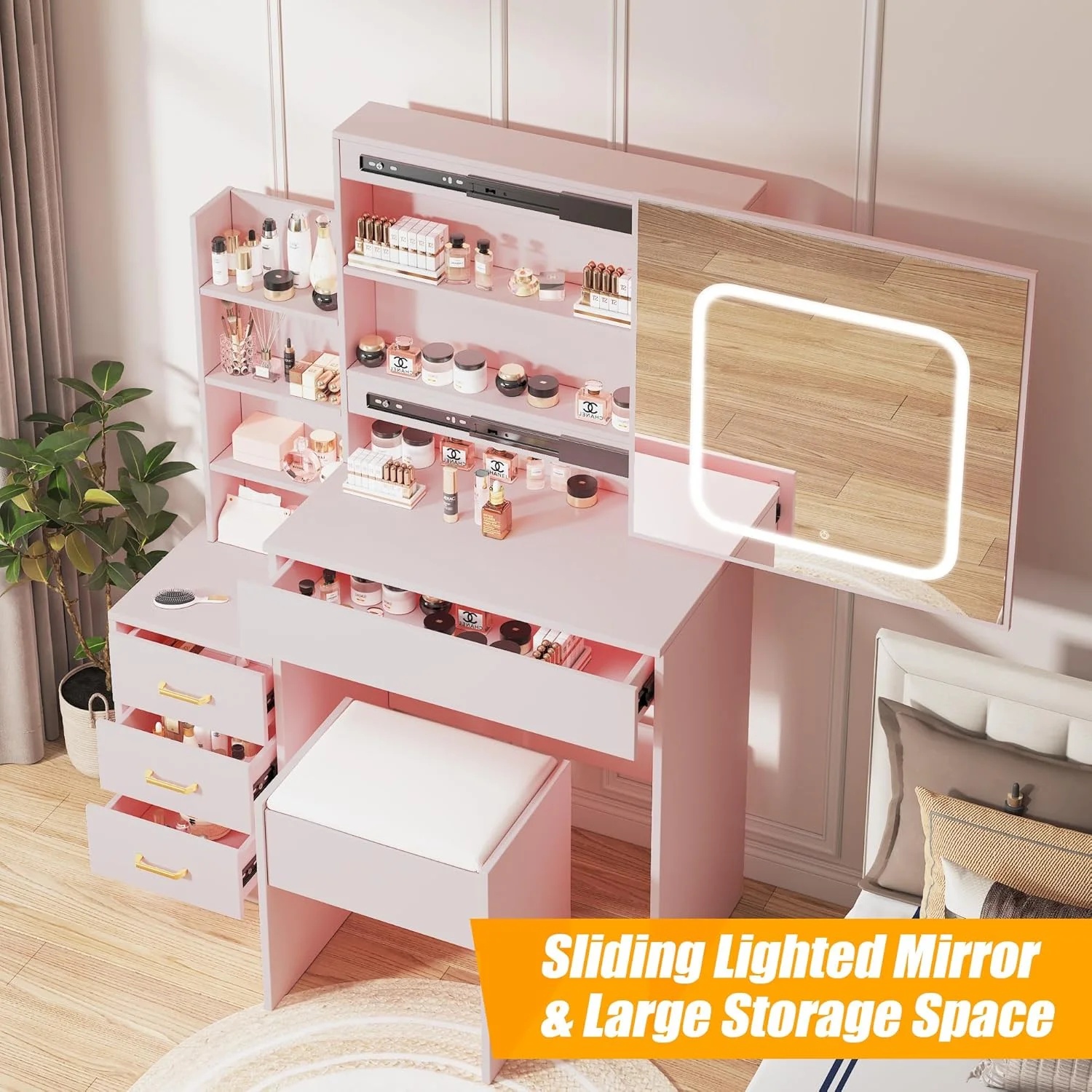 Vanity Desk with Sliding Mirror and Lights, Makeup Vanity Set with Power Outlet, 4 Drawers, Stool, Open Shelves, 3 Color Lighting Modes, Brightness Adjustable, Makeup Dressing Table for Bedroom - Image 16