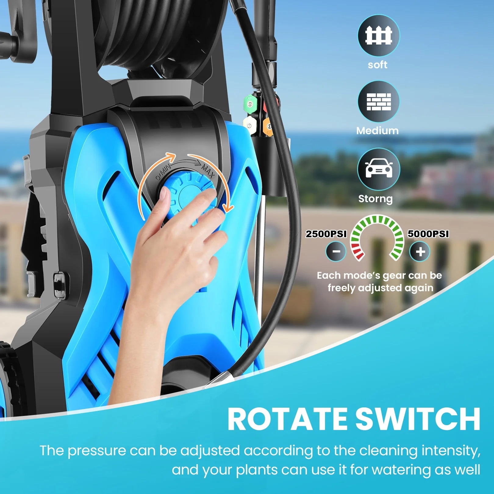 5000 Psi Electric Pressure Washer, 2.8 Gpm Power Washer with 33FT Extension Hose Reel, Pressure Adjustable (2500PSI-5000PSI), 4 Quick Connect Nozzles and Foam Cannon for Car/Fence/Patio(Blue) - Image 3