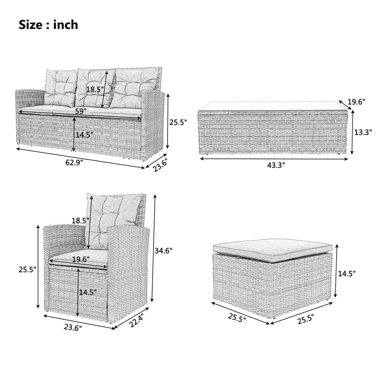 5 Piece Patio Furniture Sets, Outdoor Conversation Sets with Glass Coffee Table, Wicker Rattan Sectional Sofa Couch with Storage Bench, Ottomans & Cushions for Garden, Pool, Backyard, Gray - Image 13
