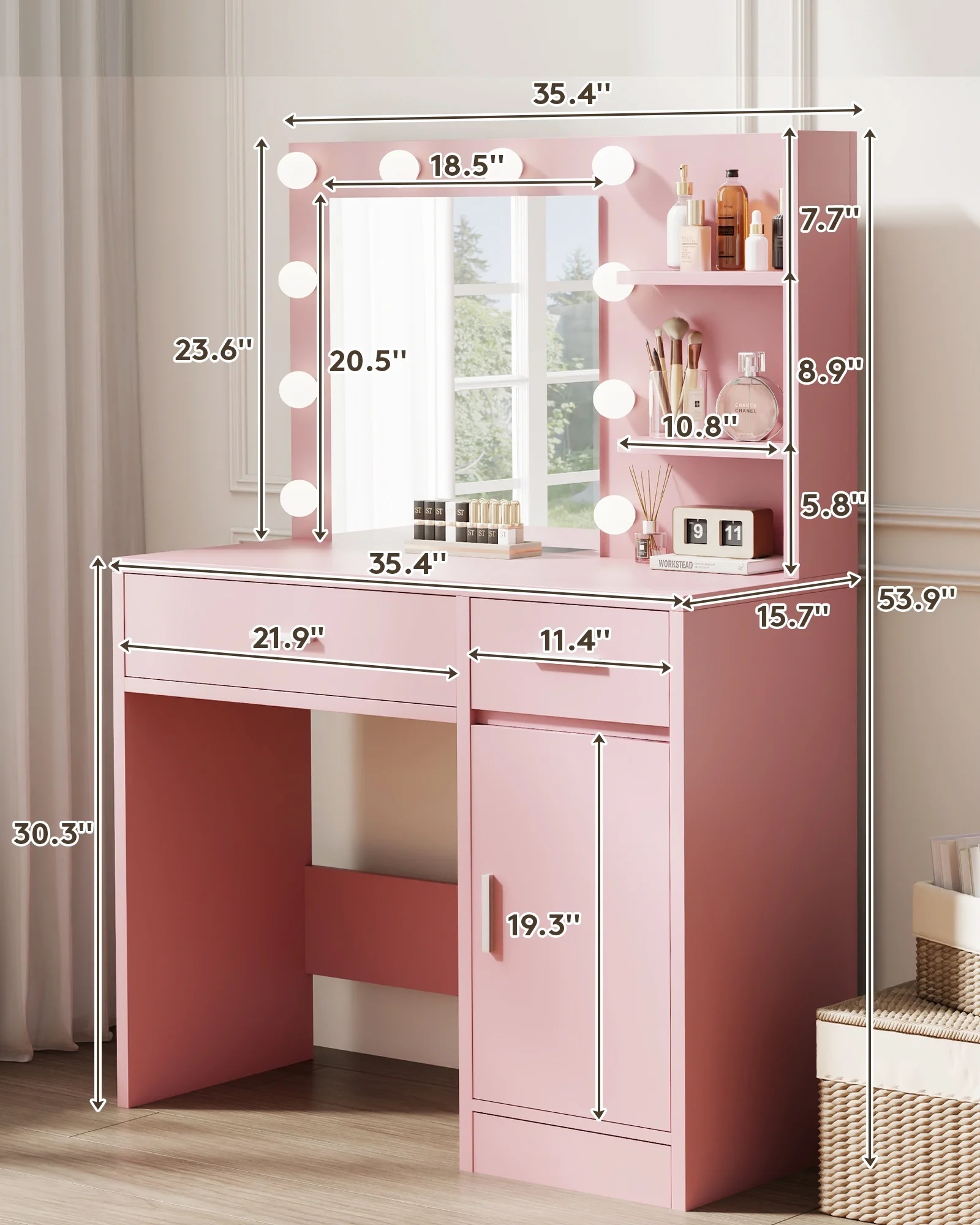 LIVELYGLOW Vanity Desk with Mirror and Lights, Makeup Vanity with Drawer & Storage Shelves, Cabinet, 3 Lighting Modes Adjustable Brightness,White - Image 45