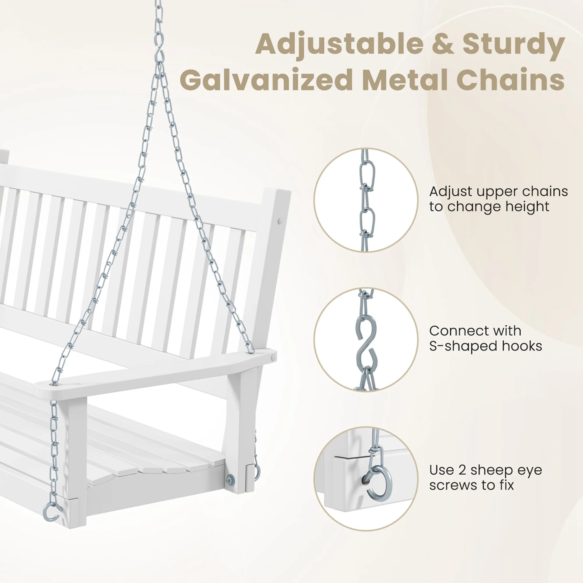 Costway 3-Person Wooden Outdoor Porch Swing Heavy Duty Patio Hanging Bench Chair White - Image 9