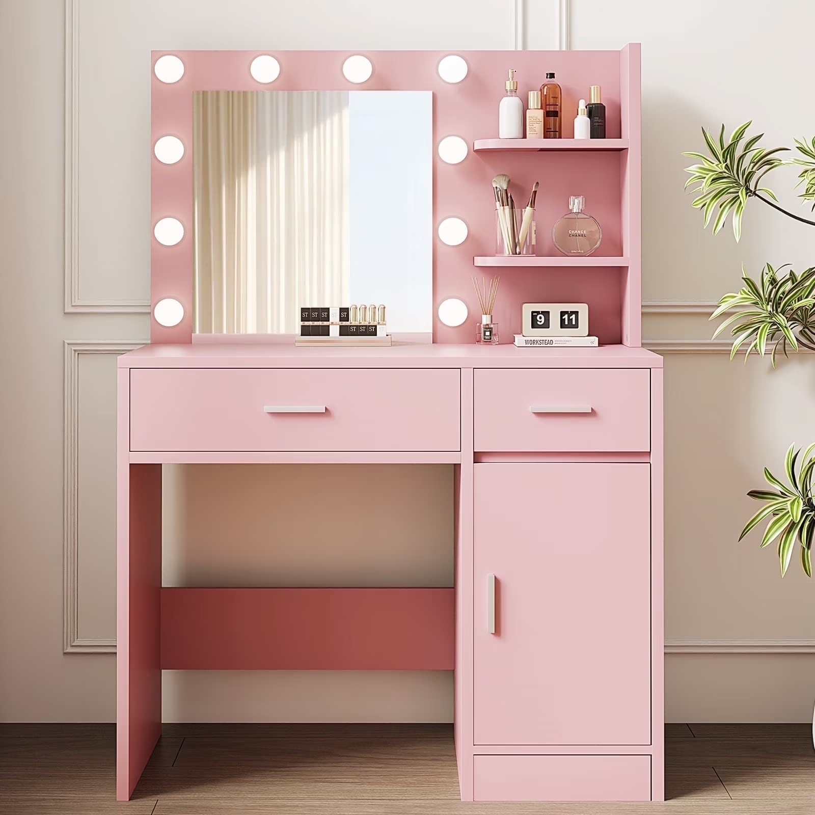 LIVELYGLOW Vanity Desk with Mirror and Lights, Makeup Vanity with Drawer & Storage Shelves, Cabinet, 3 Lighting Modes Adjustable Brightness,White - Image 9