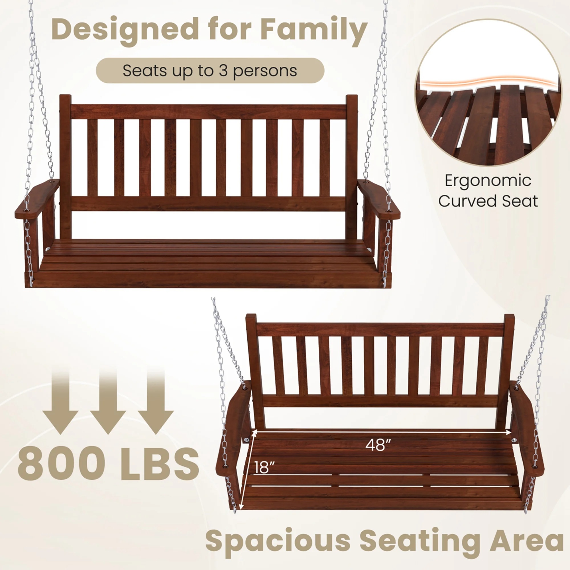 Costway 3-Person Wooden Outdoor Porch Swing Heavy Duty Patio Hanging Bench Chair White - Image 17