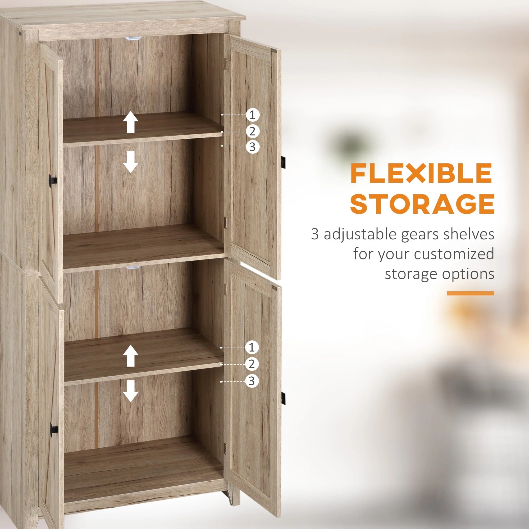 HOMCOM 72" Freestanding 4-Door Kitchen Pantry, Storage Cabinet Organizer with 4-Tiers, and Adjustable Shelves, Natural - Image 5