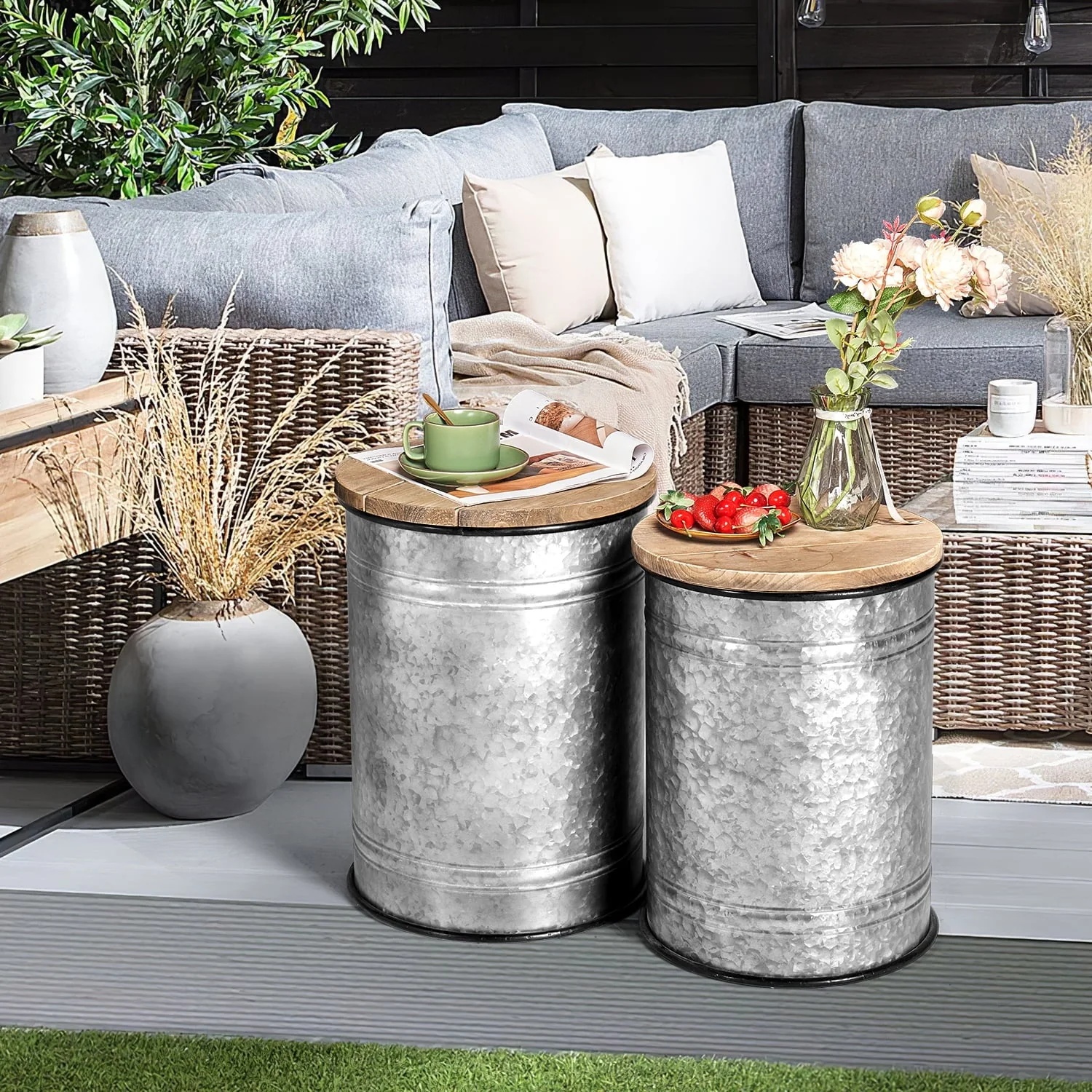 Oneinmil Set of 2 Modern Farmhouse Coffee End Table, with Large Storage Space, End Bench for Living Room, Bedroom, Gray - Image 5