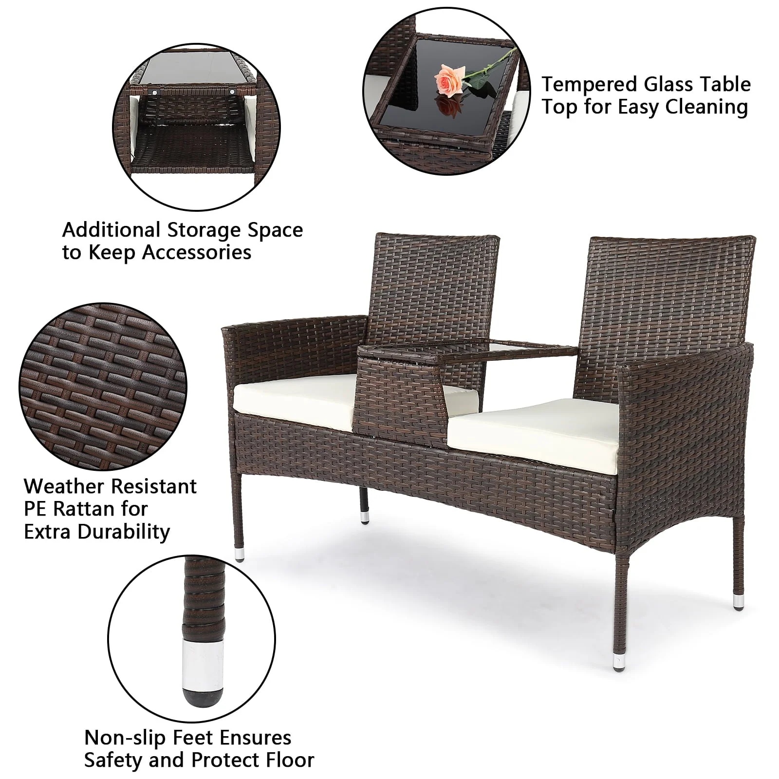 UBesGoo Patio Rattan Loveseat Table Chairs Chat Set with Waterproof Cushion, Outdoor Furniture, Wicker Conversation Set - Image 11
