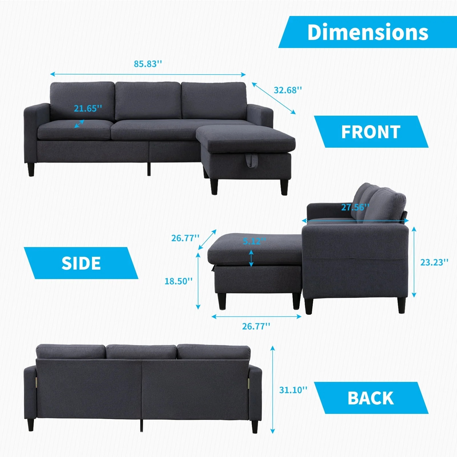 Mjkone Convertible Sectional Sofa Couch with Storage Ottoman, 86" W L-Shaped Couch for Living Room, 3-Seat Sofas with Reversible Chaise, Sectional Couches for Living Room/Office/Bedroom (Dark Gray) - Image 8