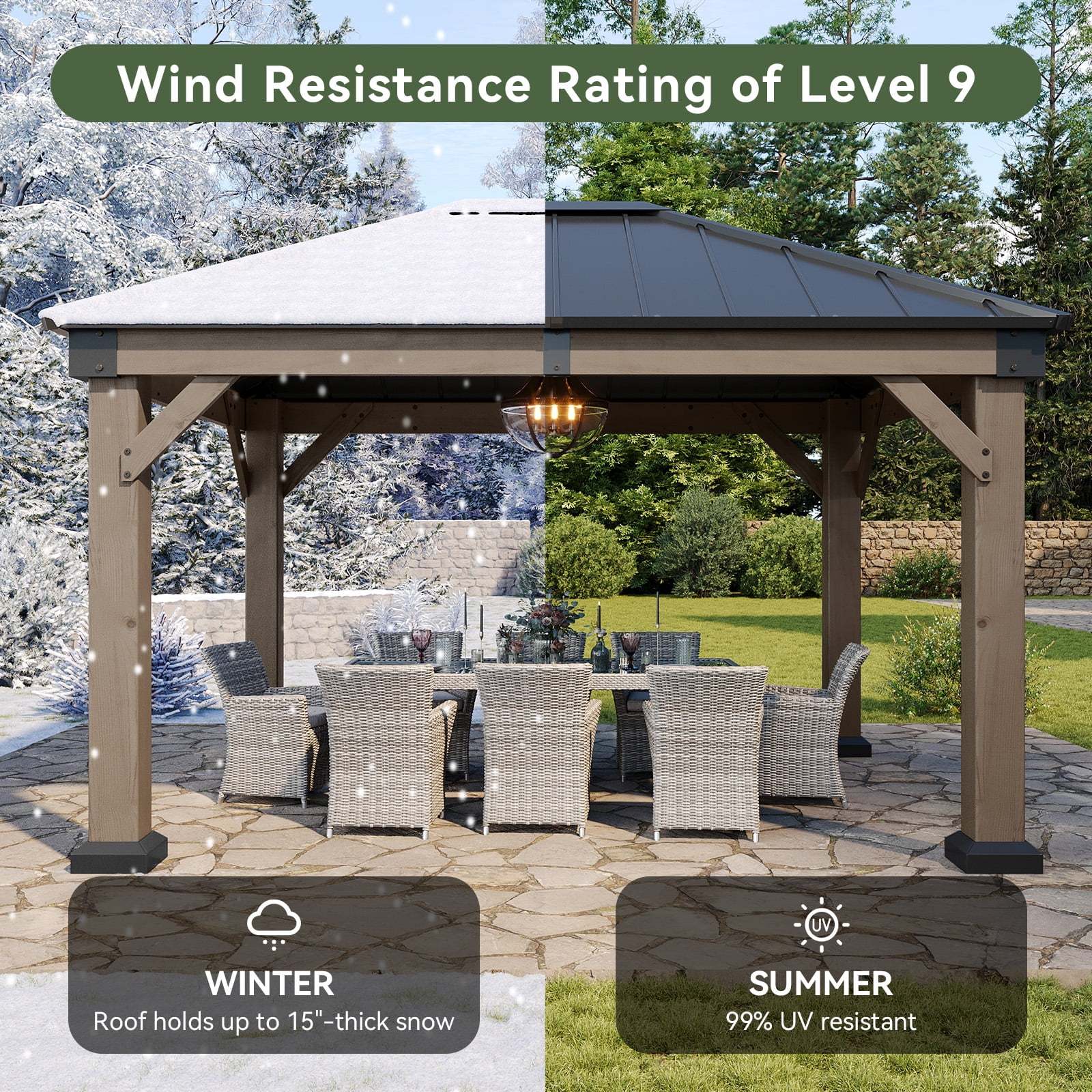 Aoxun 12' x 16' Outdoor Wood Gazebo, Hardtop Gazebo Permanent Wooden Pavilion with Galvanized Steel Double Roof, for Patio, Garden, Backyard, Cedar Wood - Image 19