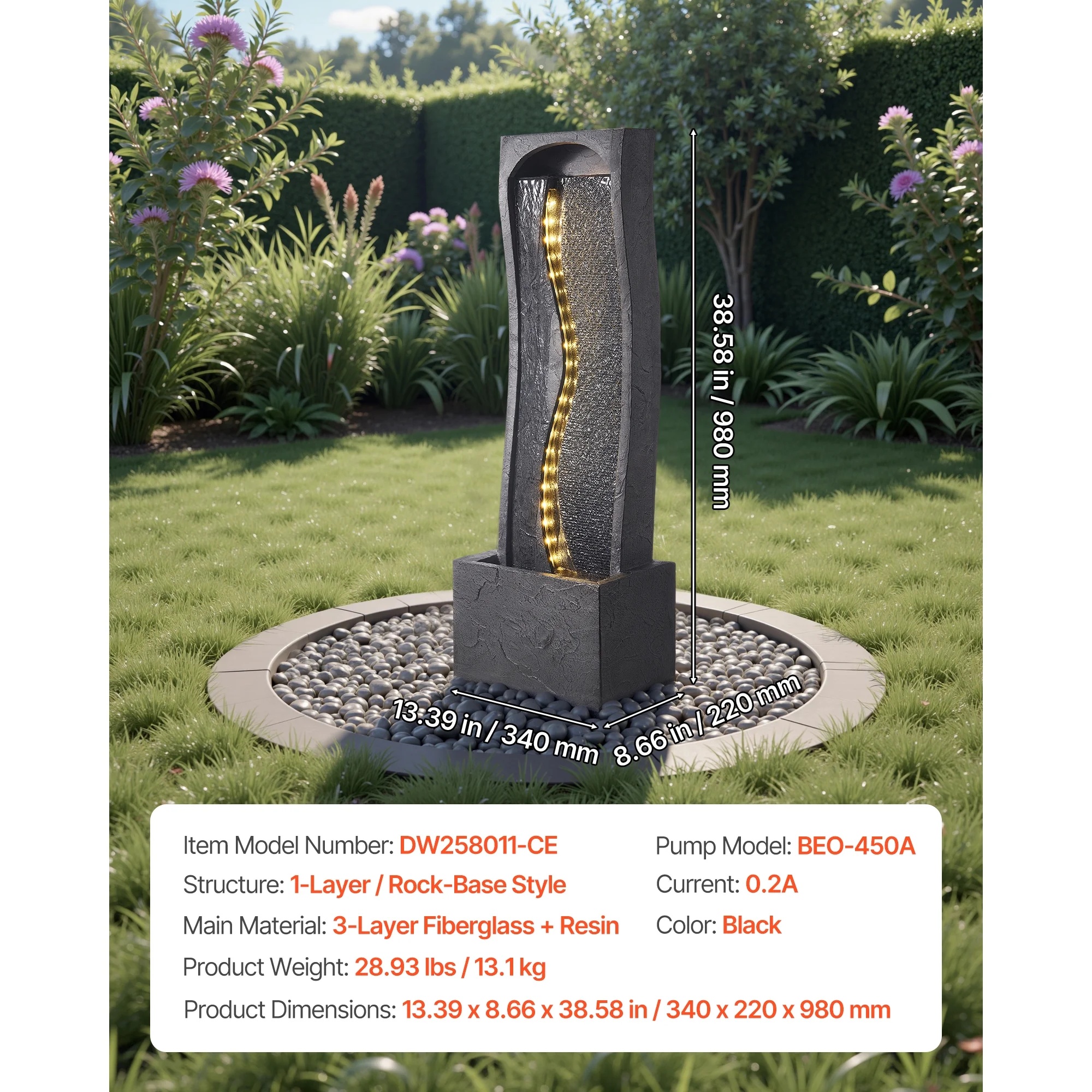 KFFKFF Outdoor Water Fountain, 38.58-Inch Tall with LED Light and Pump, 1-Tier Floor Standing Rock Base Design for Garden, Home, Patio, and Backyard Use - Image 7