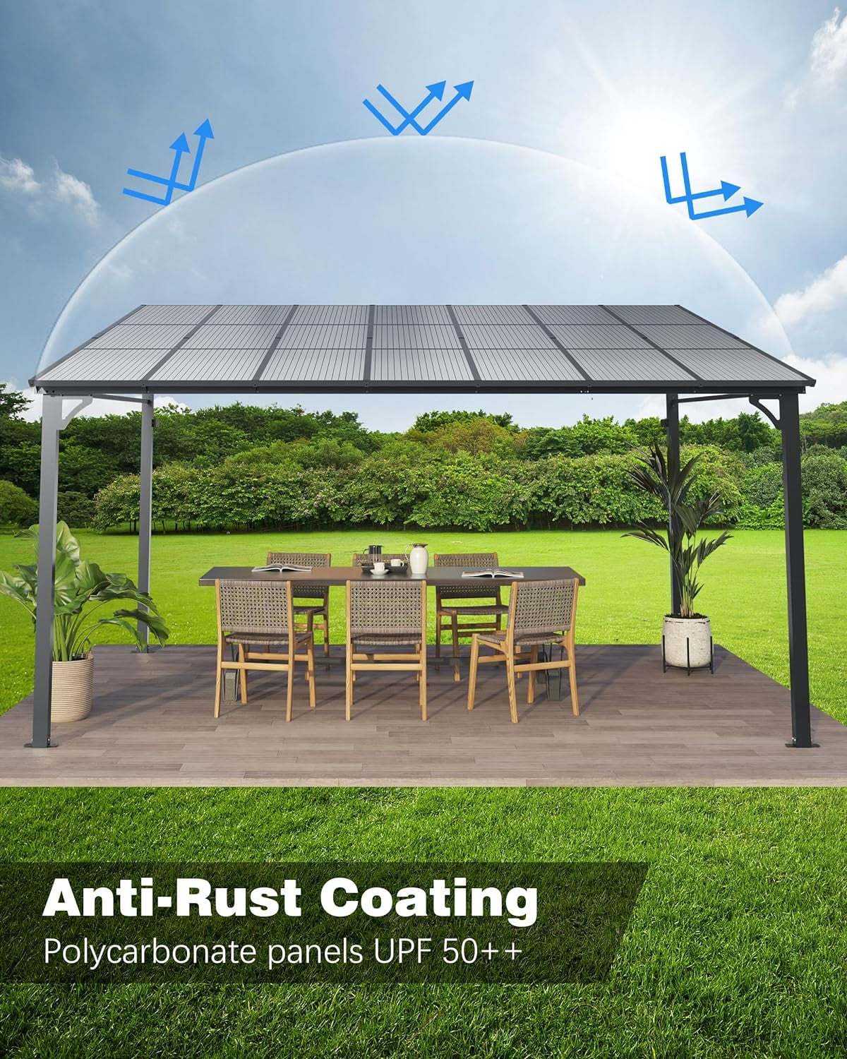 Pinypikaka 10'x12' Outdoor Hardtop Gazebo, Lean-to Pergola With Roof for Lawn Patio Deck Yard Party - Image 4