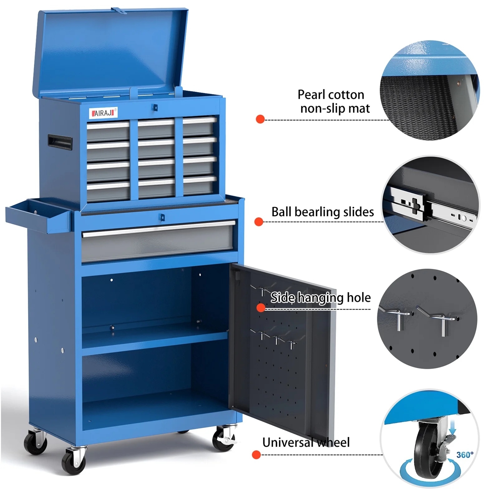 AIRAJ 7-Drawer 40 inch Large Rolling Tool Chest with Wheels | Detachable Top Metal Tool Box | Heavy Duty Toolbox Organizer with Hooks,Liners,Tray Divider - Image 4