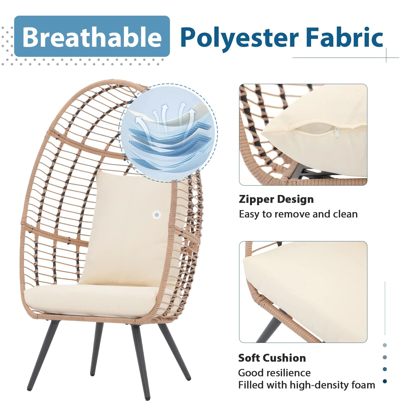 Indoor Outdoor Swing Egg Chair with Stand, Patio Foldable Grey Wicker Rattan Hanging Chair with Cushion, Light Gray - Image 34