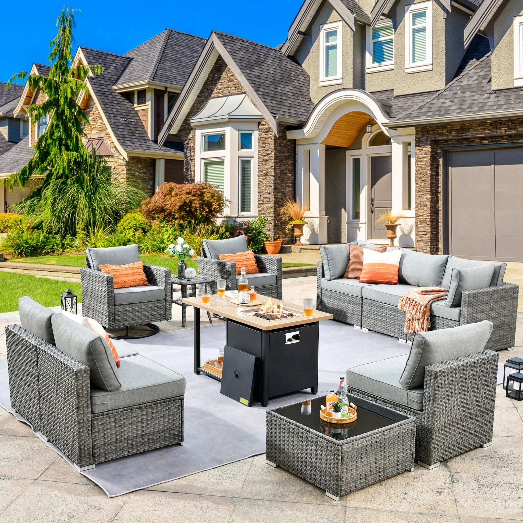 Vcatnet 11 Pieces Outdoor Patio Furniture Sets with Fire Pit Sectional Sofa All Weather Wicker Conversation Set with Swivel Glider Chairs, Black - Image 13