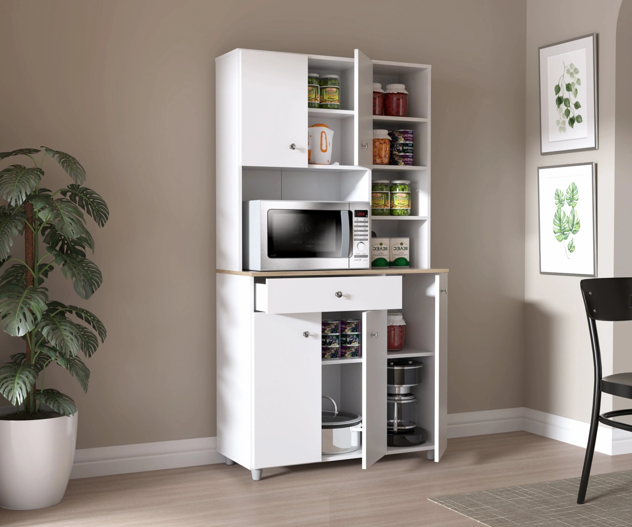 Inval 10-Shelf Kitchen Microwave Storage Cabinet (35 x 66 x 16), White/Maple - Image 3